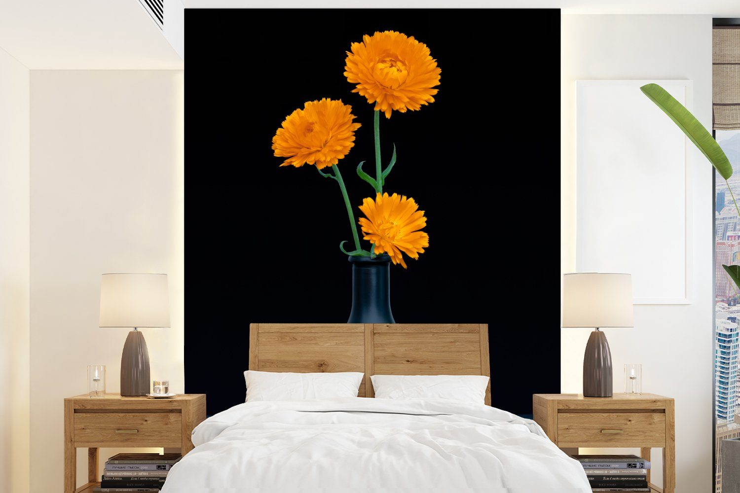 MuchoWow Fototapete Vase - Blumen - Orange, Matt, bedruckt, (4 St), Montagefertig Vinyl Tapete für Wohnzimmer, Wandtapete