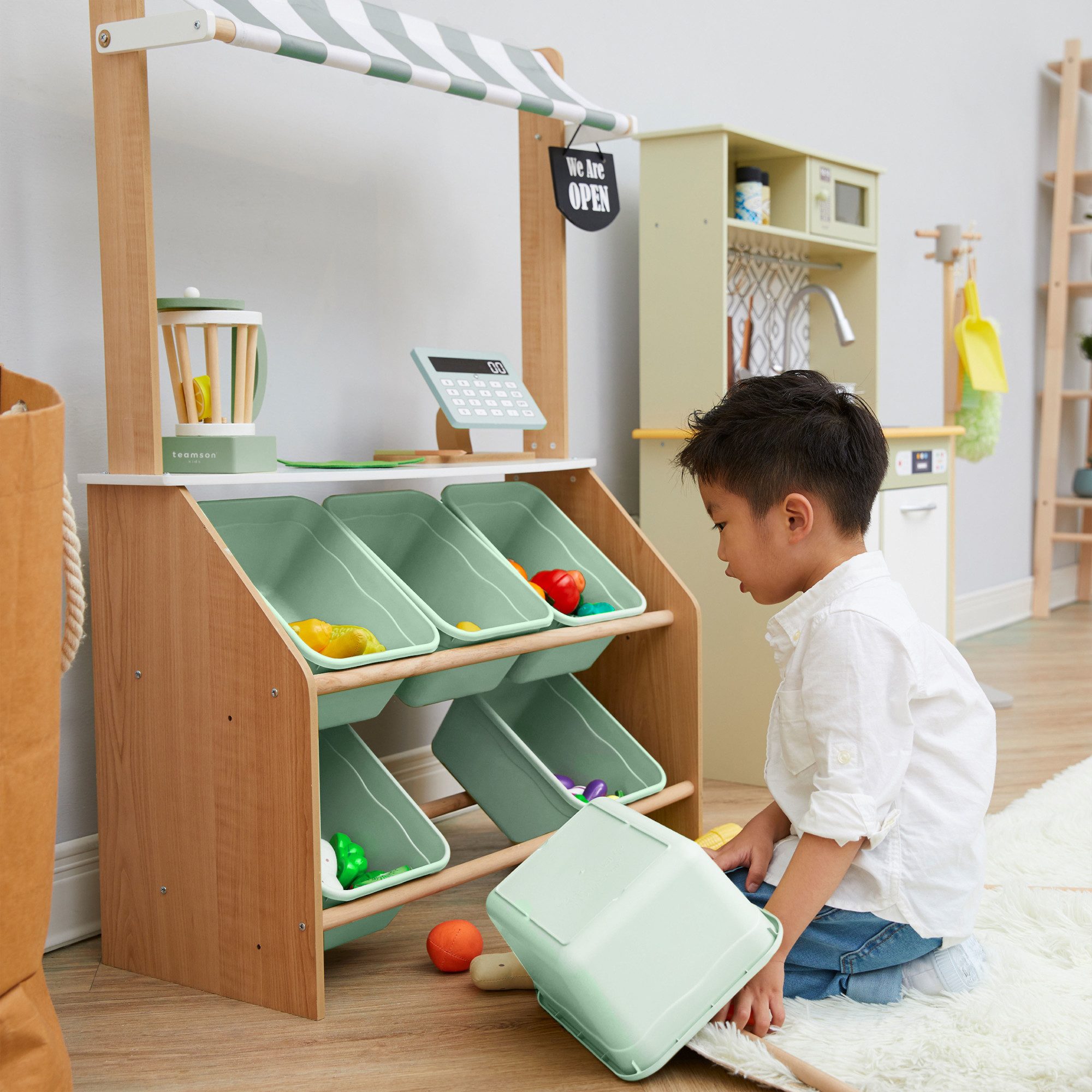 TEAMSON™ KIDS    Kaufladen Marktstand aus Holz Rollenspielset mit Fächern & Markise