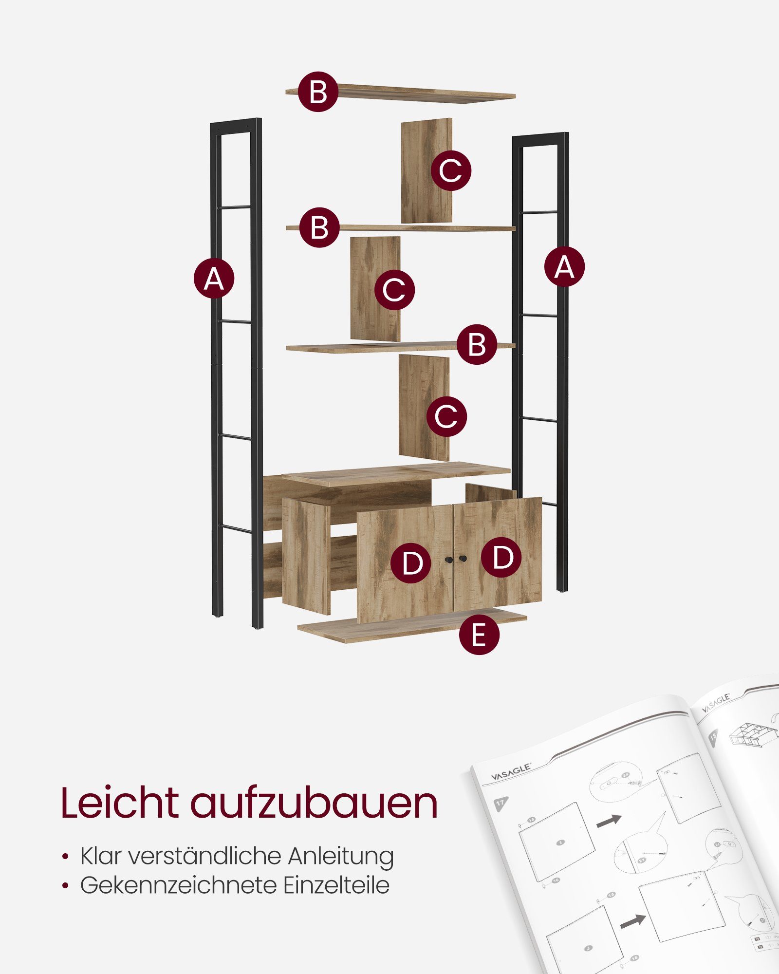 VASAGLE Bücherregal, Standregal, Bücherschrank mit 4 offenen Regalebenen