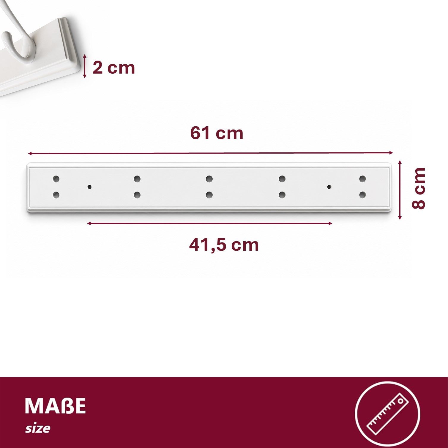 HOOZ Garderobenleiste Bambus – Wandgarderobe mit Metallhaken Weiß, 5 Haken Weiß 61 cm (Einzelartikel, 1 Wandhakenleiste), FSC-zertifizierter Bambus, Garderobenleiste mit Metallhaken
