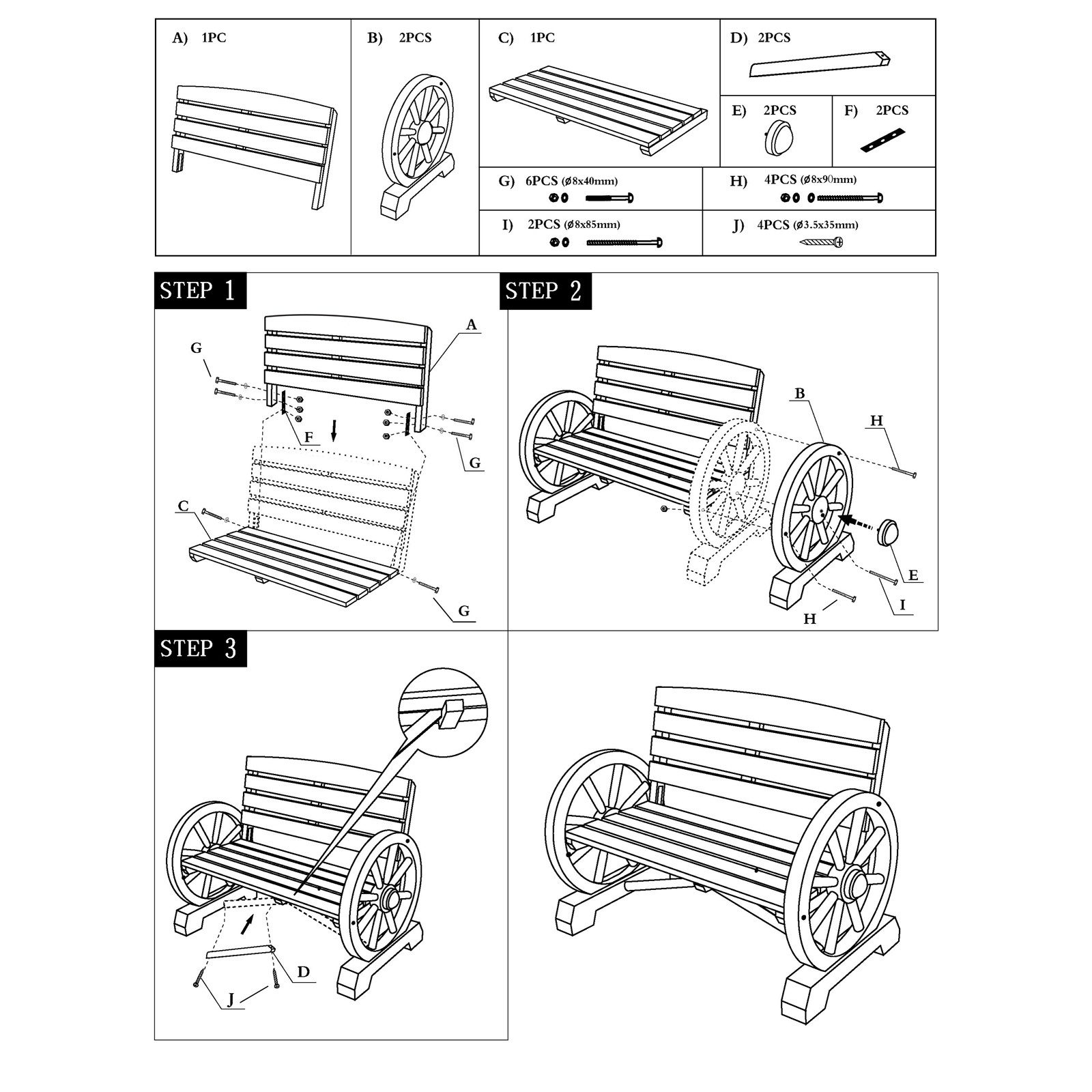 HTI-Living Gartenbank Gartenbank mit Wagenrädern als Armstütze (Stück, 1-St., 1 Gartenbank), Sitzbank Holz Wagenrad rustikal