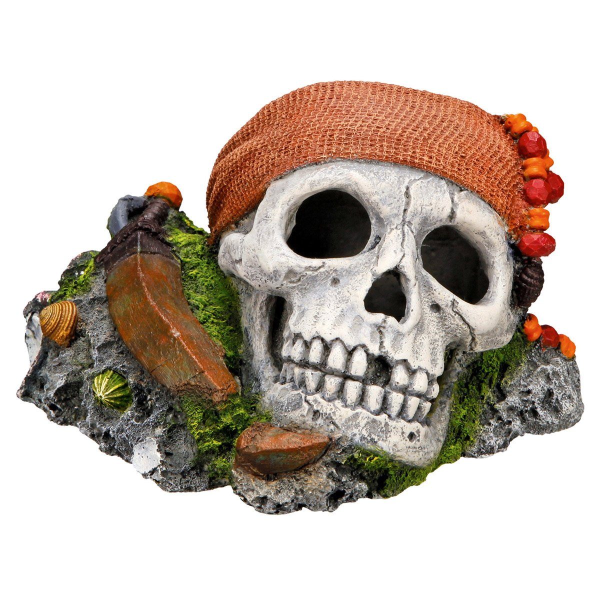 Aquariendeko Aquariendekoration Piraten Totenkopf auf Felsen