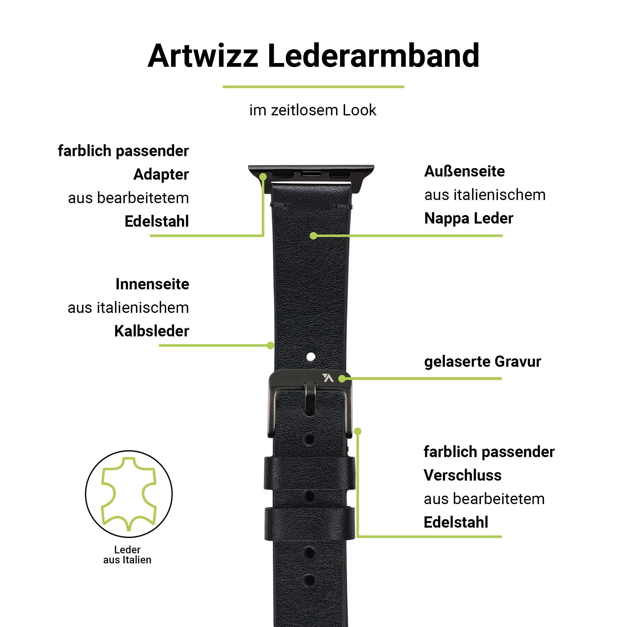 Artwizz Smartwatch-Armband WatchBand Leather, Leder Adapter, Schwarz, & / Watch (49mm), 3-1 Armband 6-4 mit (44mm), 9-7 SE 2 Ultra Apple (45mm), (42mm)