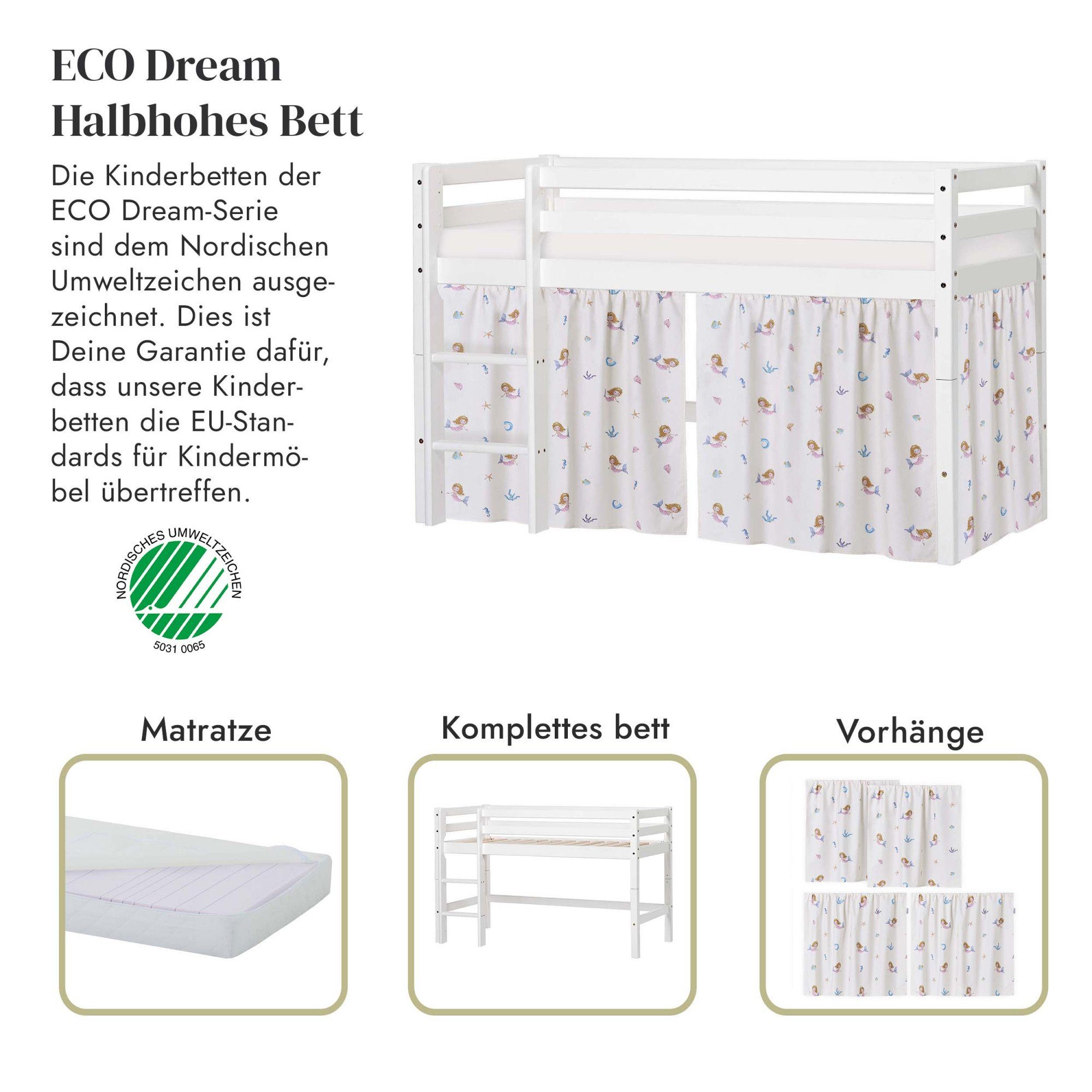Hoppekids Spielbett ECO Dream, Hochbett, umbaubar in Einzelbett, Massivholzbett mit Meerjungfrau-Vorhang, Matratze & 2 Größen wählbar