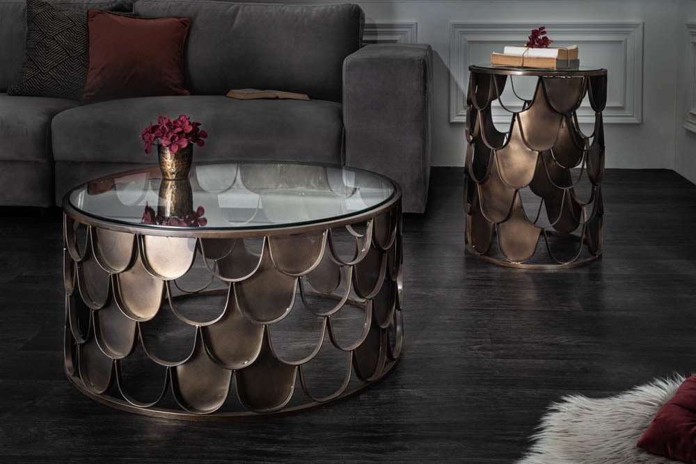 riess-ambiente Couchtisch ABSTRACT Ø60cm transparent / antik Messing (Einzelartikel, 1-St), Wohnzimmer · rund · Glas · Metall · Industrial · Fischschuppen Design