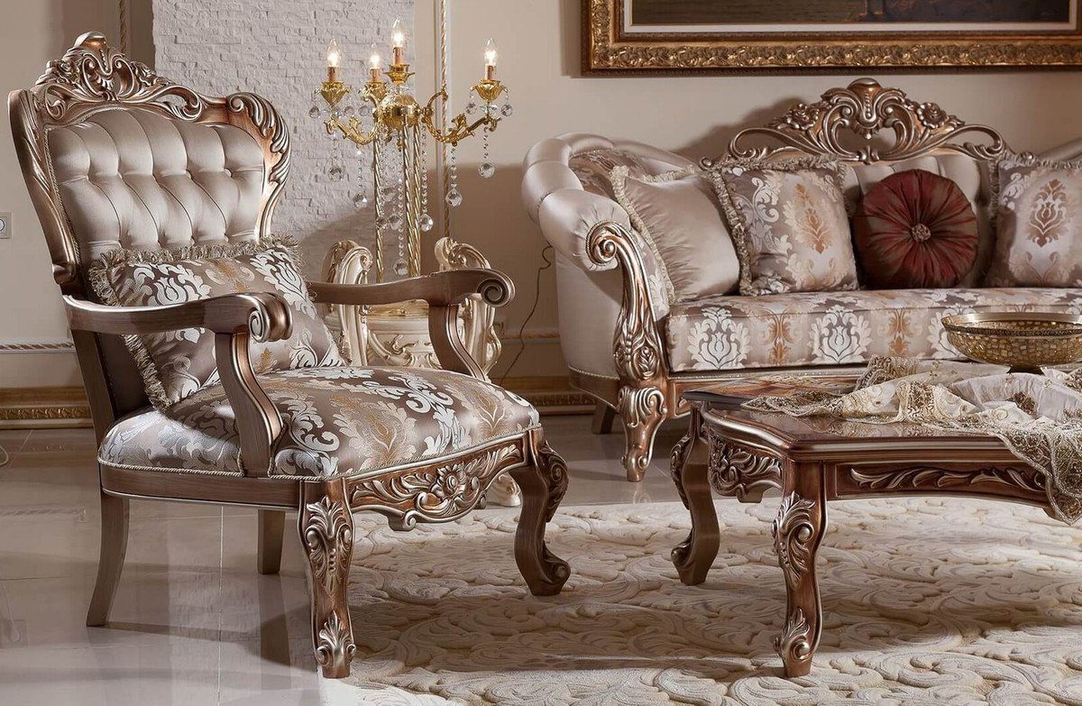 Casa Padrino Sessel Luxus Barock Möbel Edel Sessel Wohnzimmer & Muster - - Handgefertigter Kupfer Barockstil Wohnzimmer / Silber - Grau mit Barock elegantem Prunkvoll / Sessel