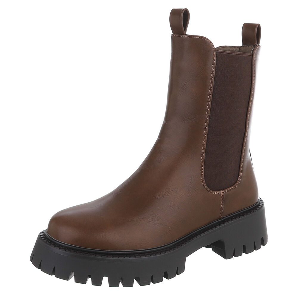 Ital-Design Damen Chelsea Boots mit Profilsohle und Blockabsatz Plateaustiefelette (92422335) Blockabsatz Stiefeletten in Hellbraun