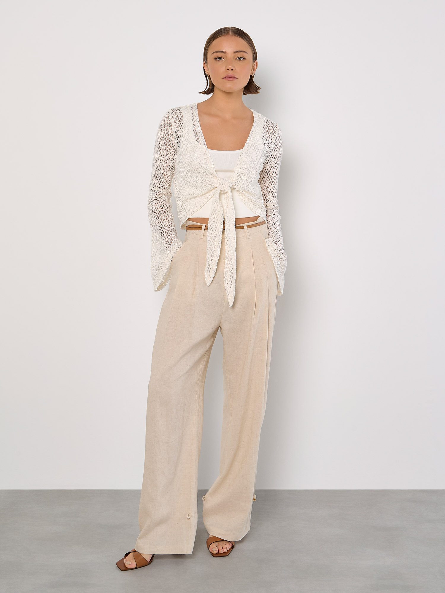 Apricot Cardigan Gehäkelte Diamant-Krawatten-Strickjacke zum Knoten