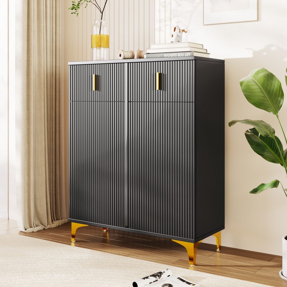 IDEASY Sideboard Stilvolles Sideboard, Schuhschrank mit vertikalen Strukturpaneelen (Türkommoden mit 2 Schubladen und 2 Türen, verstellbaren Einlegeböden), Vergoldete Details, Push-to-open-Türen, Belastbarkeit 60kg