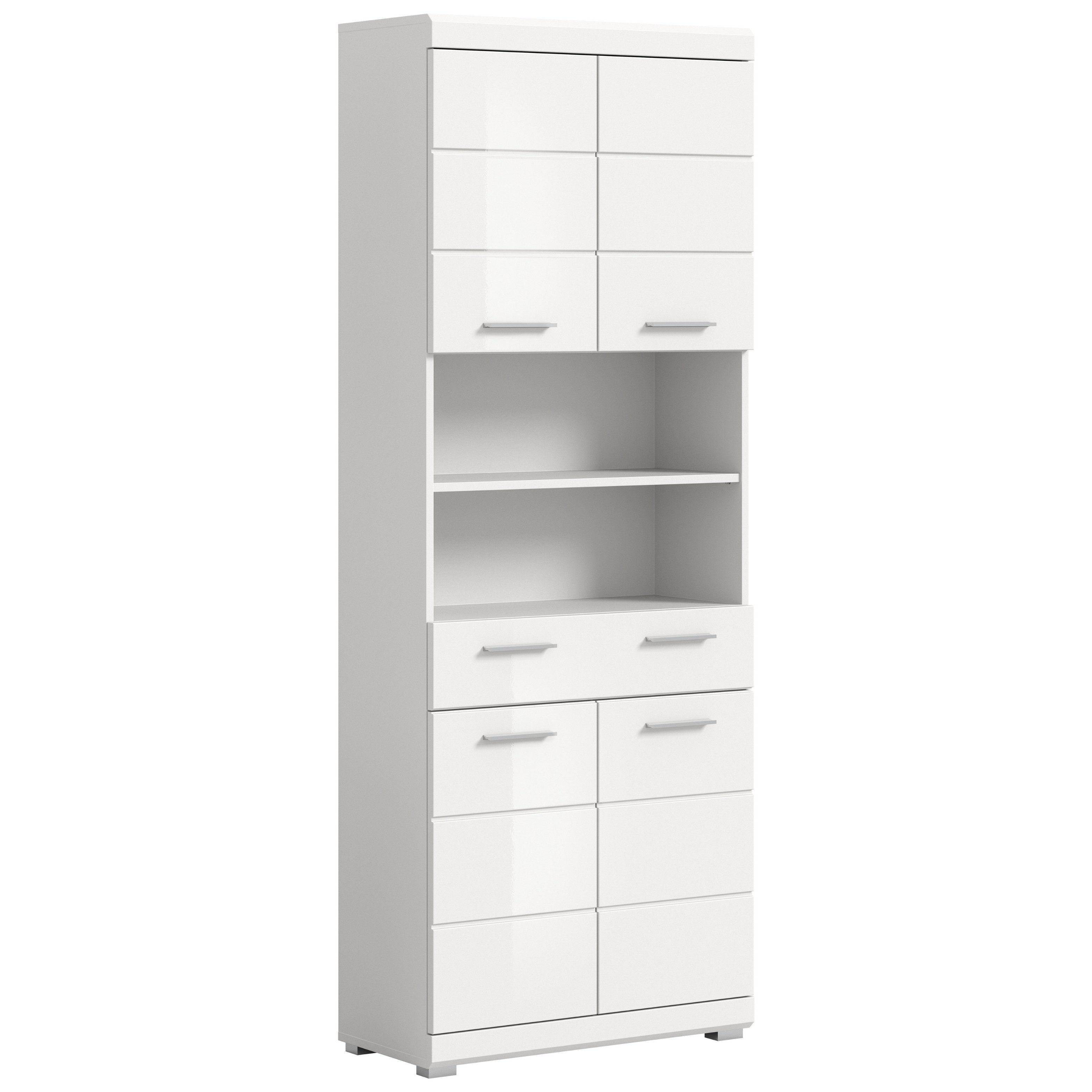 furnling Hochschrank Scott 4 Türen, 1 Schublade, 2 offene Fächer, Badmöbel, Badschrank