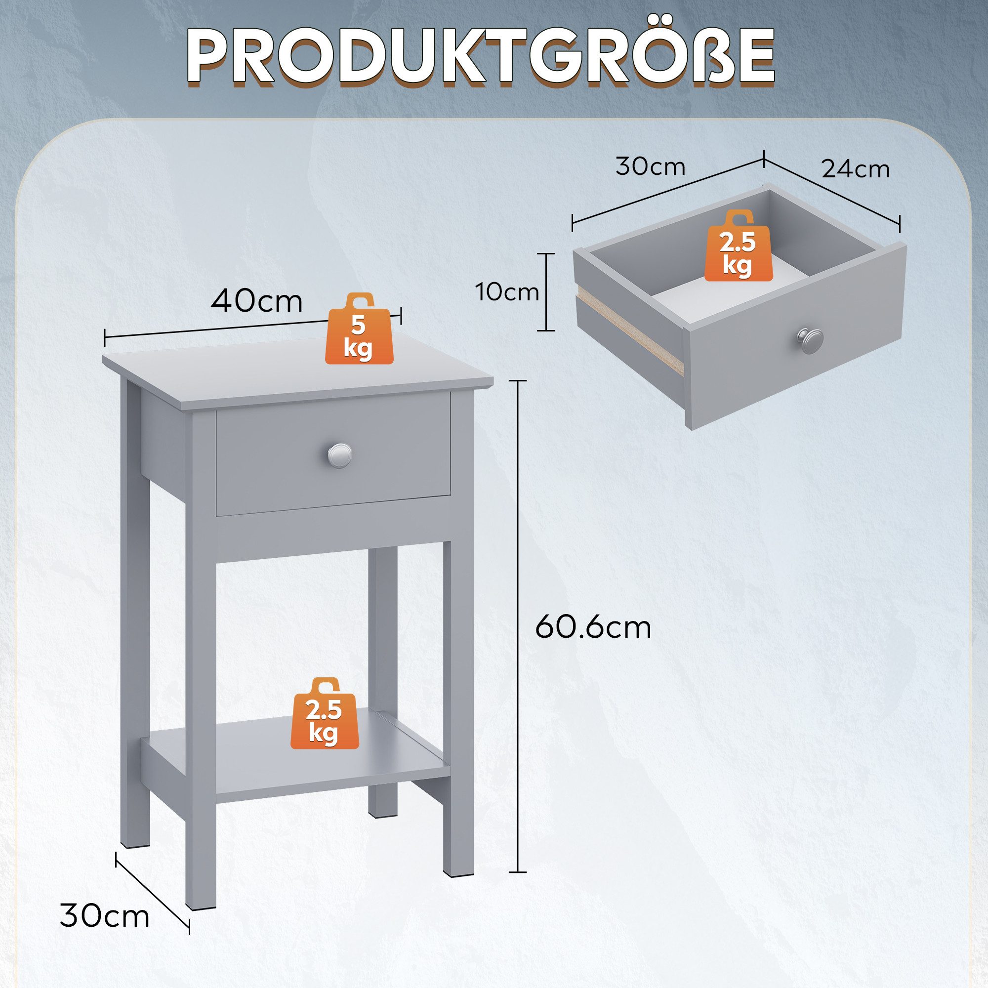WLIVE Nachttisch Nachttisch mit Schublade und Ablage, Beistelltisch Holz 40×30×60,6cm (1 Tisch), schmal, offenes Fach