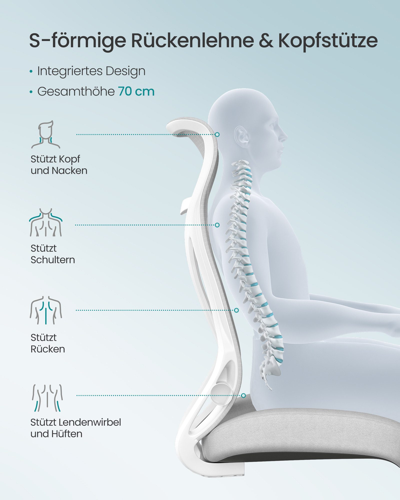SONGMICS Bürostuhl Schreibtischstuhl hochklappbare Armlehnen, bis 150 kg belastbar, höhenverstellbar, ergonomische Rückenlehne – Bild 4 von 5