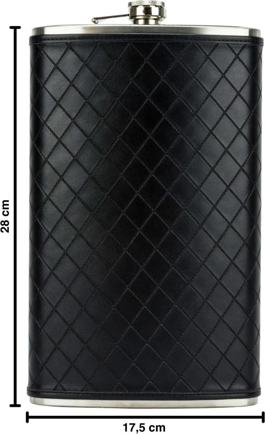 Hauser Flachmann Flachmann Edelstahl/Kunstleder, schwarz, Raute, 64oz/1920ml mit Bügel, beledert