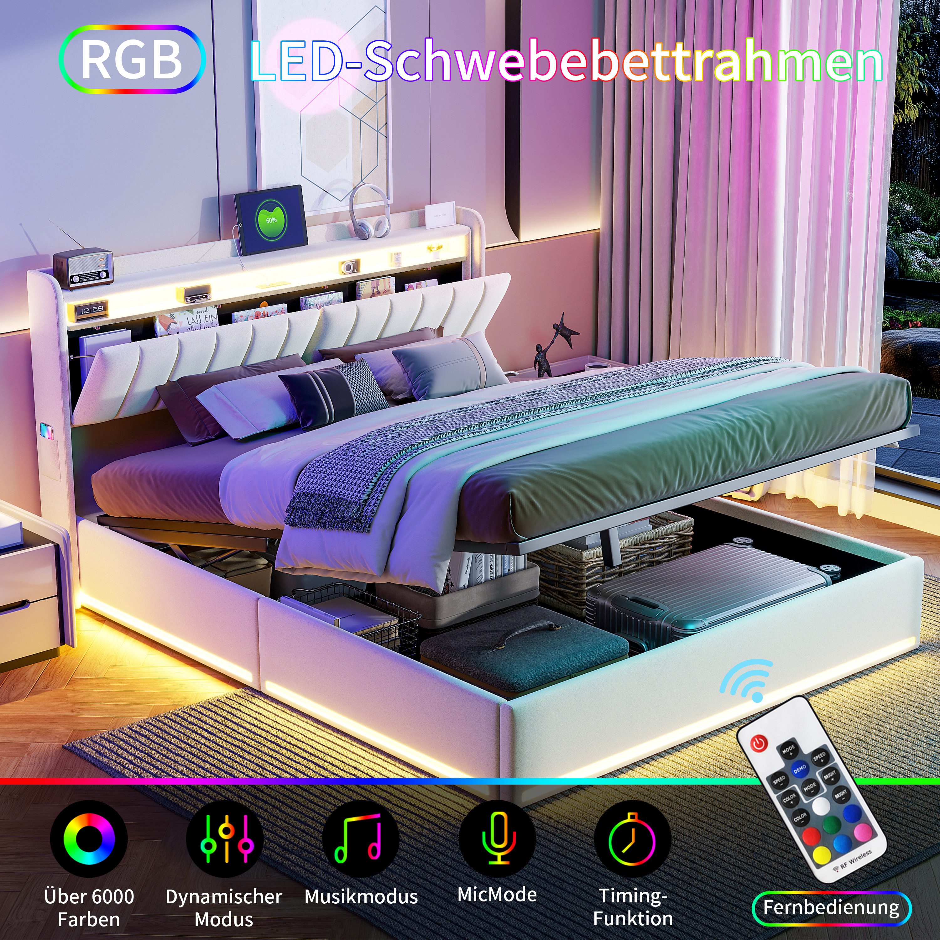 Simurq Polsterbett LED Stauraumbett 160x200 cm mit Bettkasten & USB-Anschluss (Set, 1-tlg) (Doppelbett 160x200 cm mit Lattenrost,ohne Matratze), Hydraulikbett,Jugendbett,LED-Bett, Bettgestell 160x200