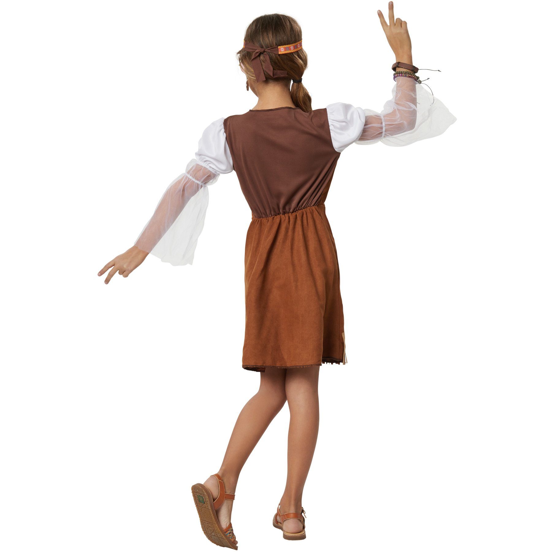 dressforfun Hippie-Kostüm Blumenkind/Friedensfreund, Ärmel mit angenähtem Tüll in, in braun, Gr. 128 (7-8 Jahre), Kurzes Kleid im typischen Hippie-Outfit