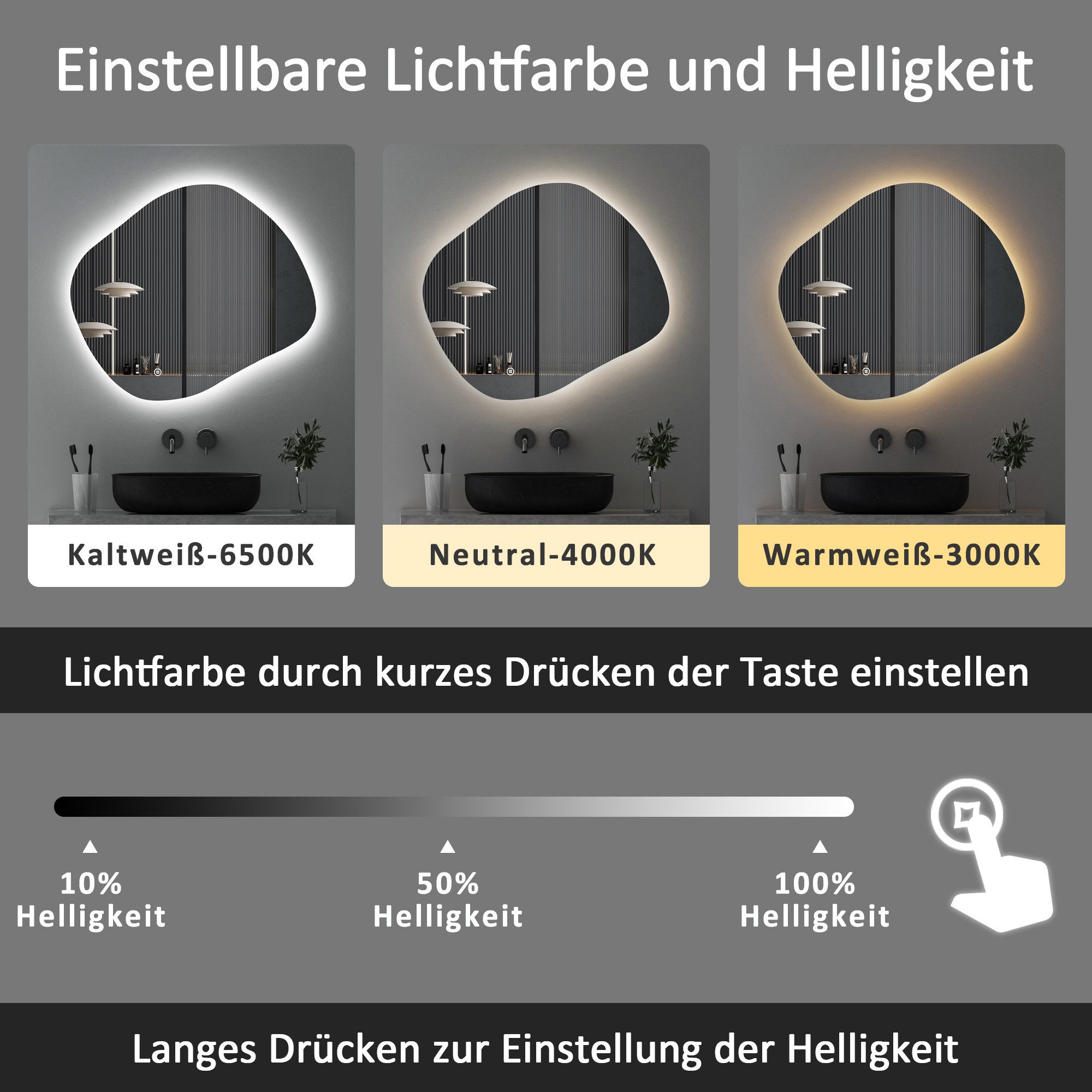 WDWRITTI Badspiegel LED Spiegel Badspiegel mit Beleuchtung Modern Dreifarbiges Dimmbar (Dekospiegel Asymmetrisch Spiegel, 84x74cm), wasserdichte LED-Leuchte – Bild 4 von 5