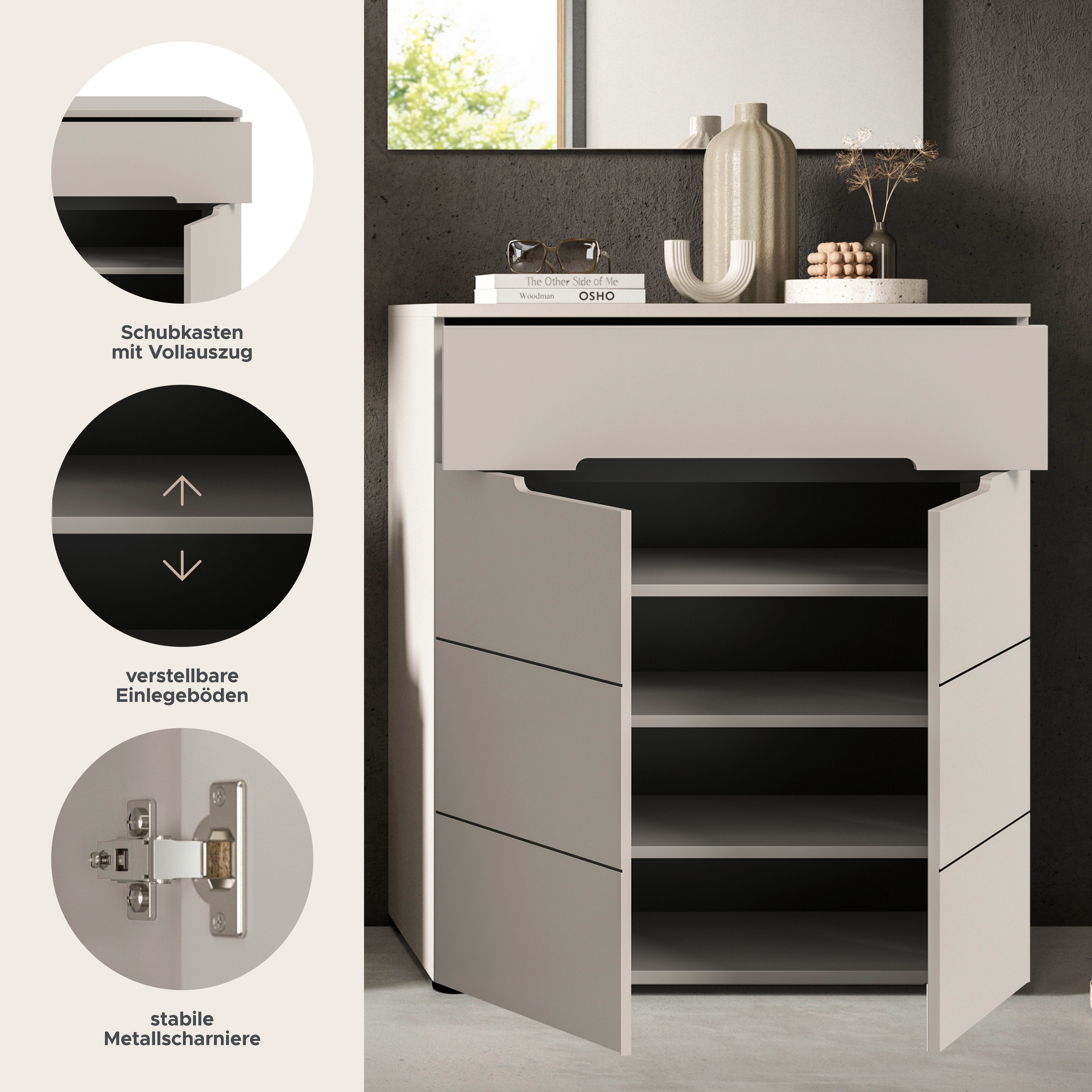 Home affaire Schuhkommode REHAT, TOPSELLER!, Breite 80cm, 2 Türen, 1 Schubkasten, 4 Fächer (1 St., in verschiedenen Farben erhältlich, Platz für ca. 12 Paar Schuhe), Schuhschrank, Kommode, Garderobenschrank, Anrichte, Sideboard
