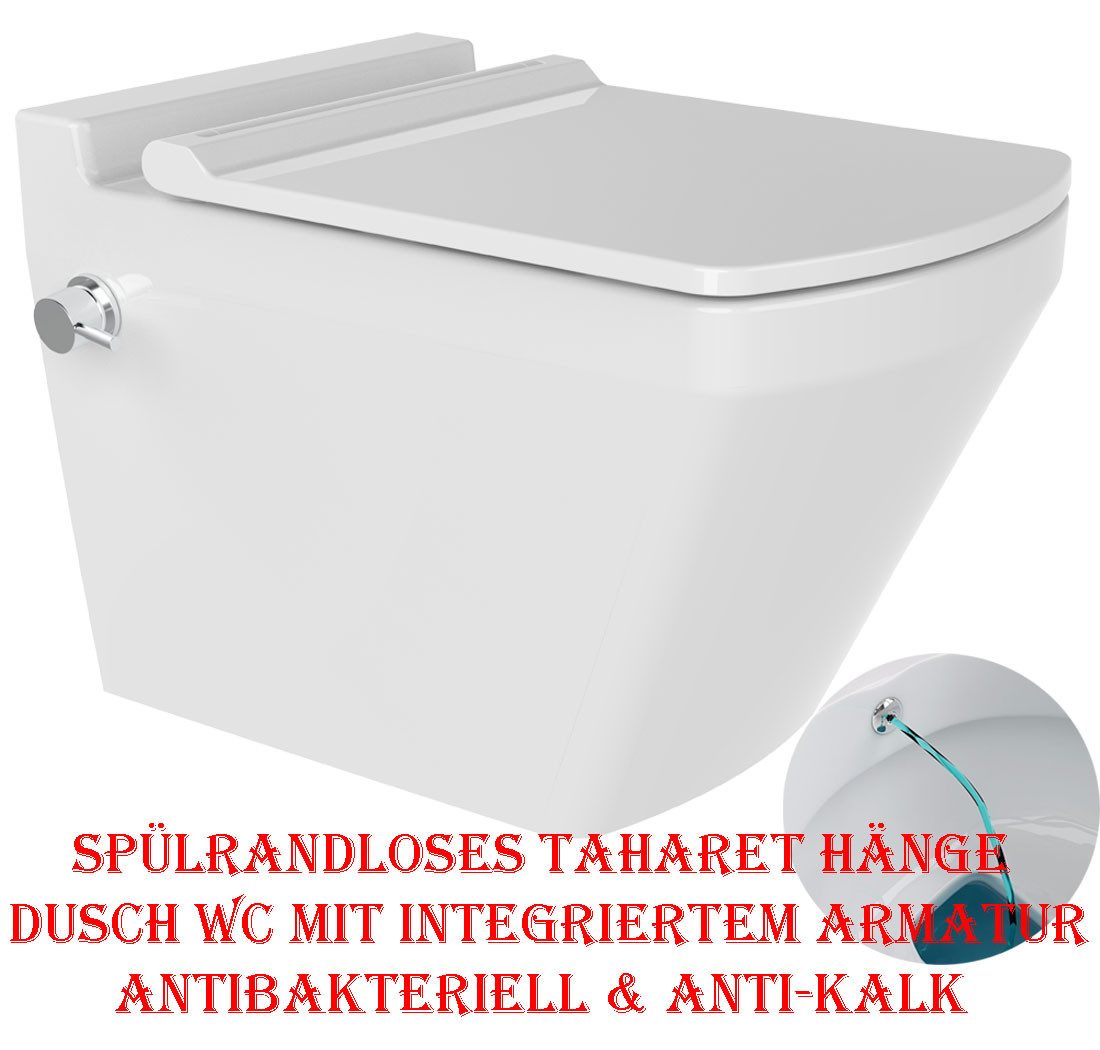 Ekershop Dusch-WC NEPTÜN TAHARET Spülrandloses Hänge WC integr. Kalt Armatur mit Deckel, Wandhängend, Wandmontage, Abgang Waagerecht, Nano-Versiegelung Antibakteriell, Anti-Kalk, Taharet Wand WC, WC-Sitz mit Absenkautomatik