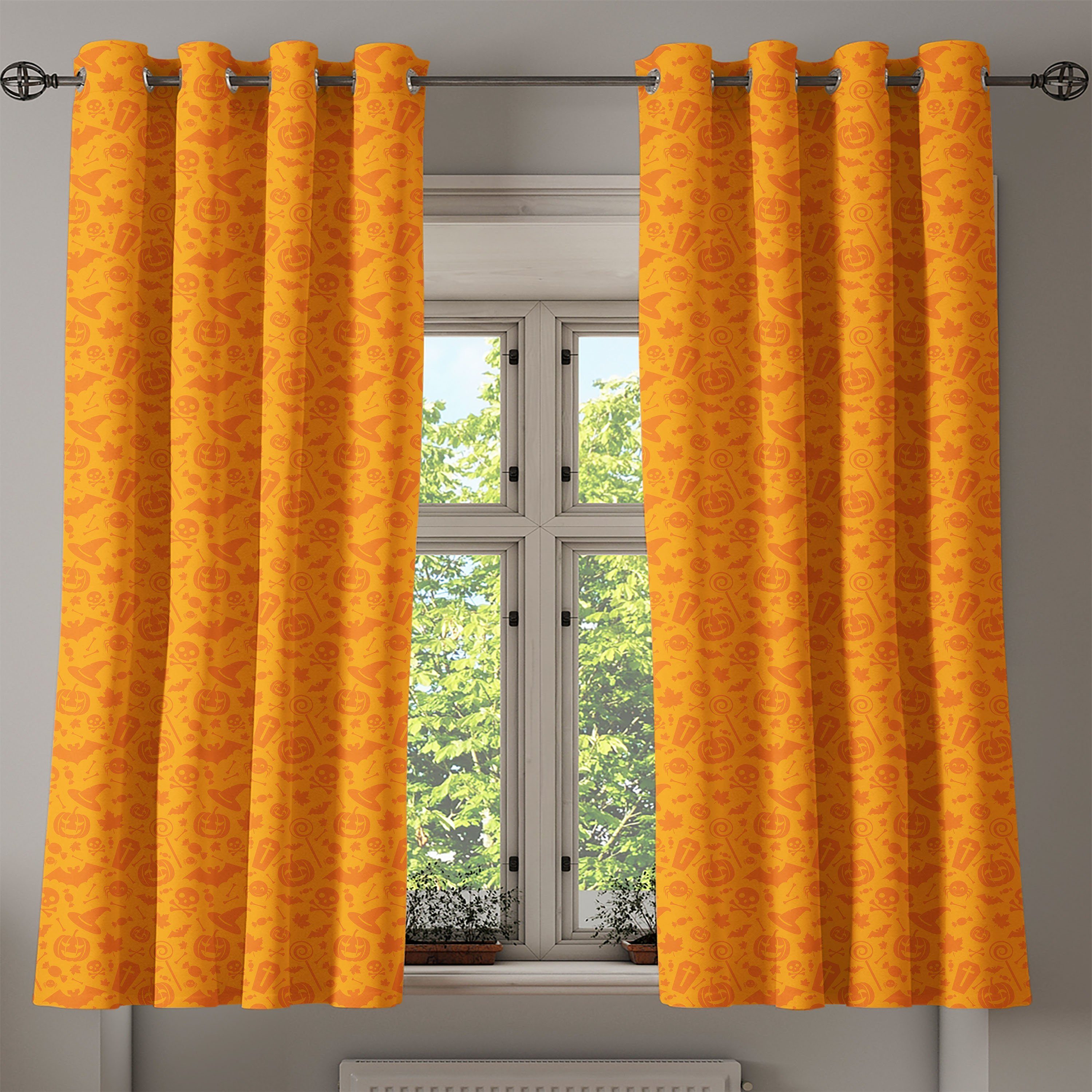für Abakuhaus, Halloween-Kürbis-Schädel 2-Panel-Fenstervorhänge Gardine Dekorative Schlafzimmer Wohnzimmer, Orange