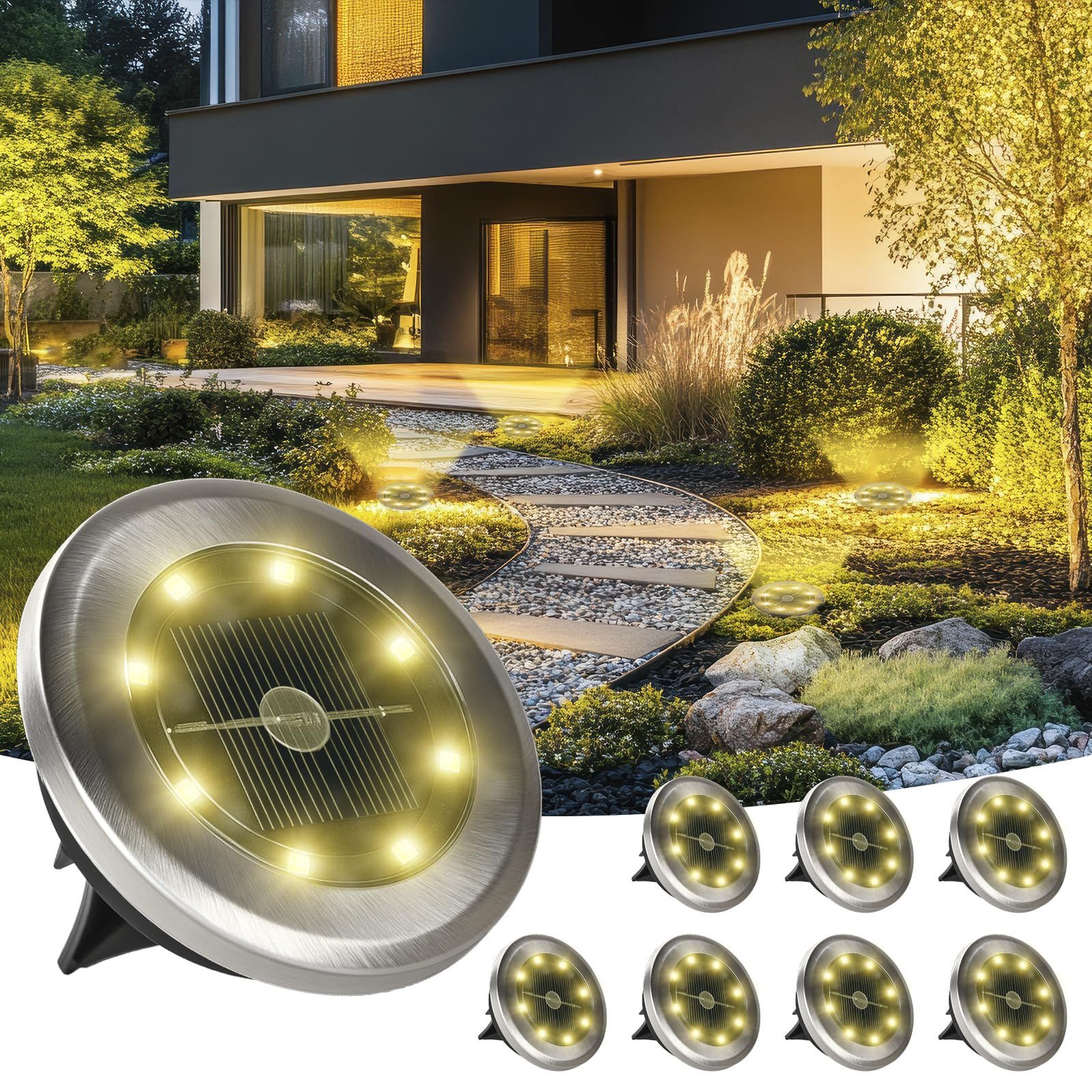 LQWELL LED Gartenstrahler LED Solar Bodenleuchte Außen für Garten, LED fest integriert, Warmweiß 8 Stück 8 LED Solarlampen Dekorative Gartenbeleuchtung, für Gras Gänge Gehwege Einfahrten Gärten