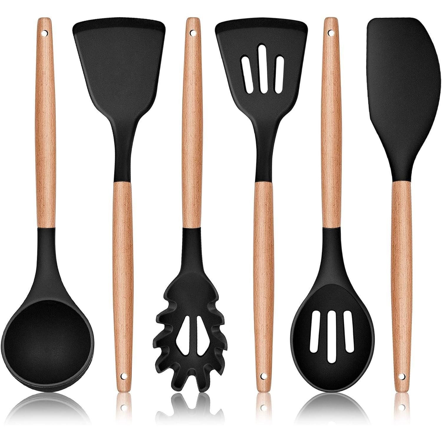 LuxusKollektion Kochbesteck-Set Küchenhelfer Silikon 6teilig Holzgriff Hitzebeständig Schwarz