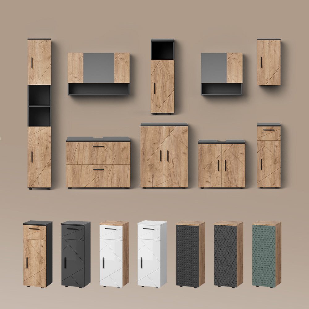 Livinity® Badmöbel-Set Ronco, Anthrazit gepunktet/Goldkraft Eiche, 5 Teile, (5-St)