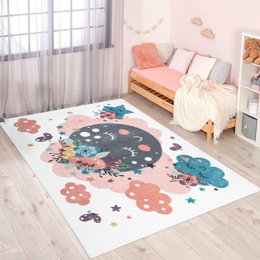 Kinderteppich ANIME917, Carpet City, rechteckig, Höhe: 11 mm, Kinderzimmer Teppich Modern mit Mond, Blumen, Wolken, Creme, Multi