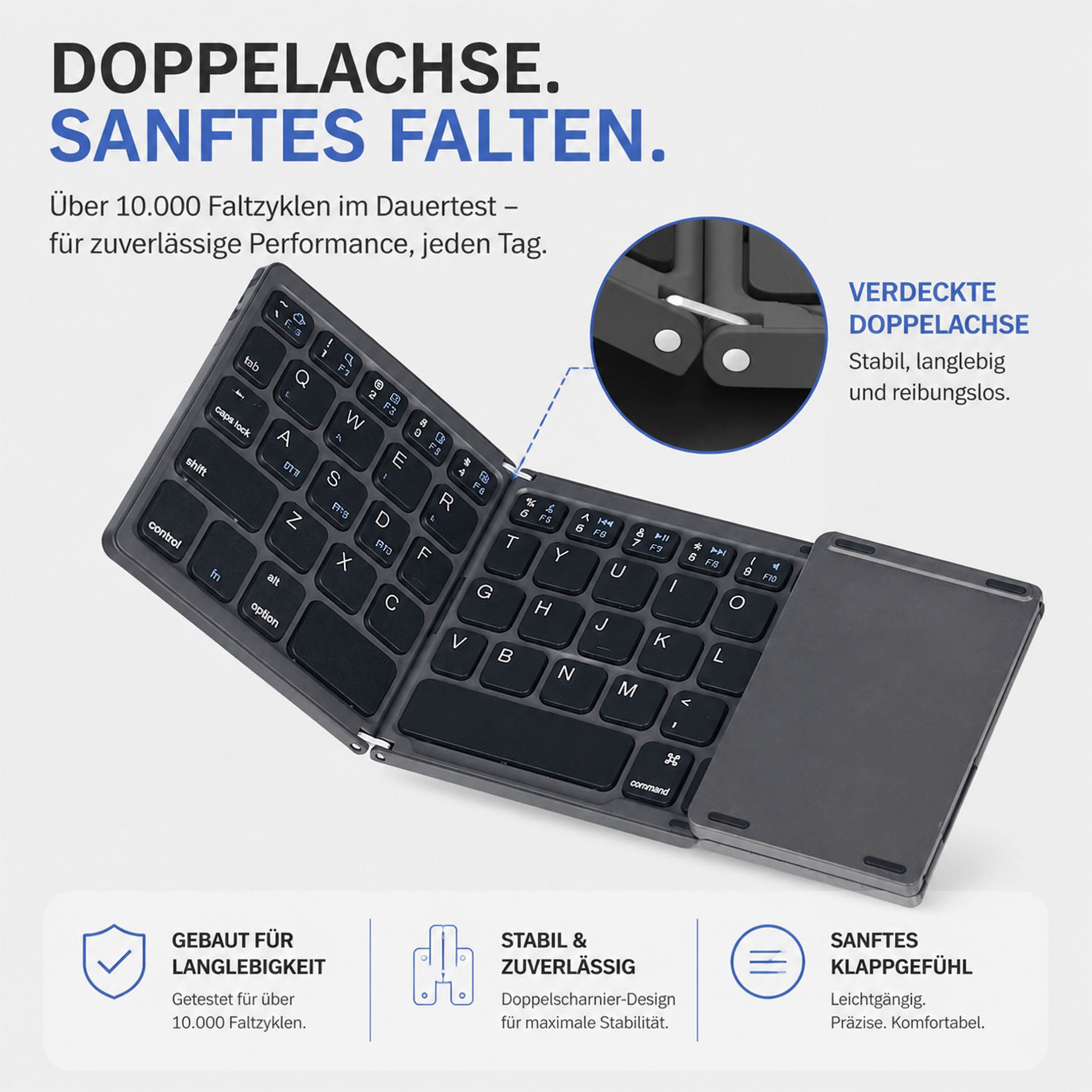 KINSI Faltbare Bluetooth Tastatur, kabellos mit Touchpad, Multi Gerät Wireless-Tastatur (Bluetooth 5.0 Verbindung für drei Geräte gleichzeitig)
