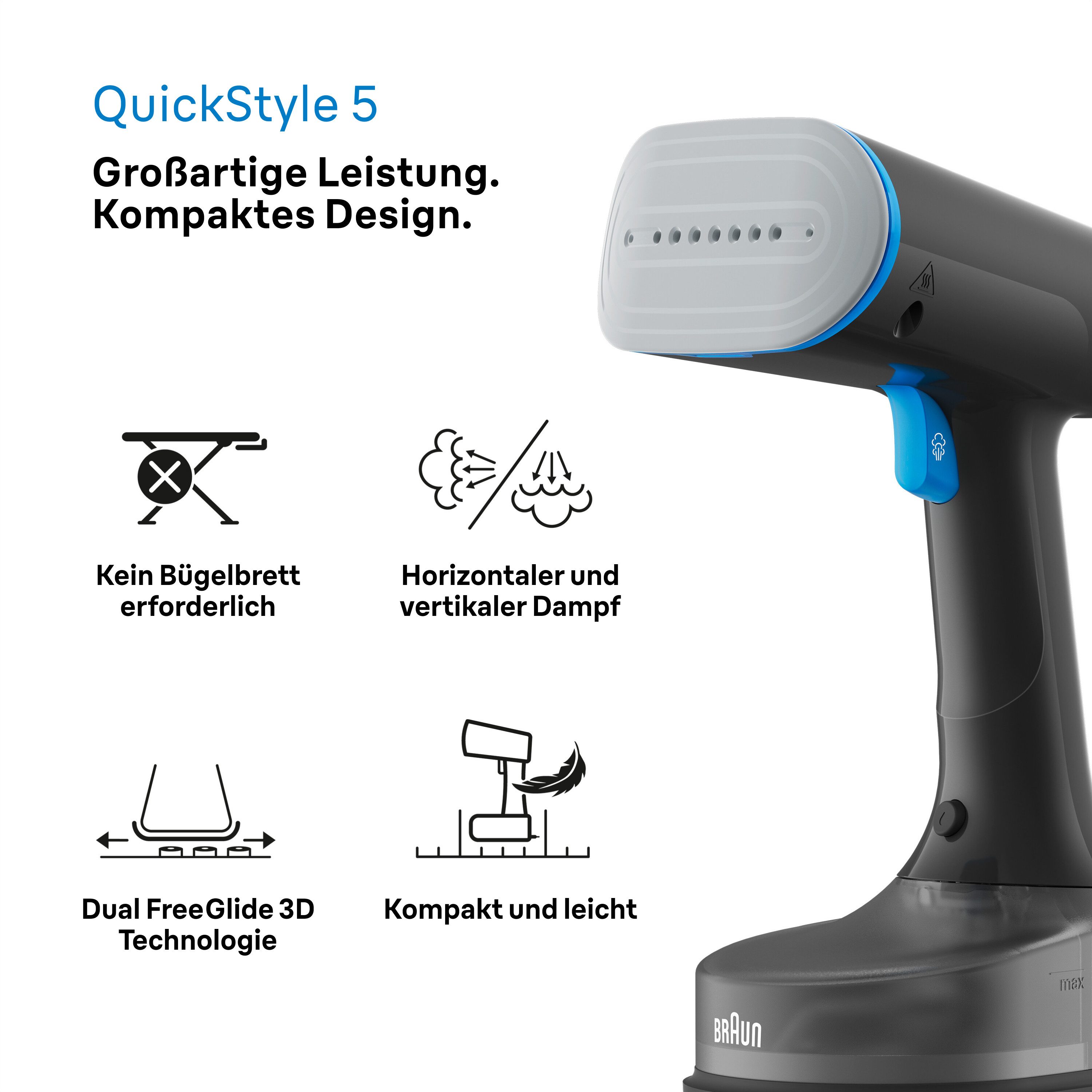 Braun Dampfglätter QuickStyle 5 GS 5031 BL - 25 g/min Dampfmenge, 45 Sek. Aufheizzeit, 1200 W, 1.200 W, 150 ml Wassertank, Bürstenaufsatz, 2,5 m Kabel