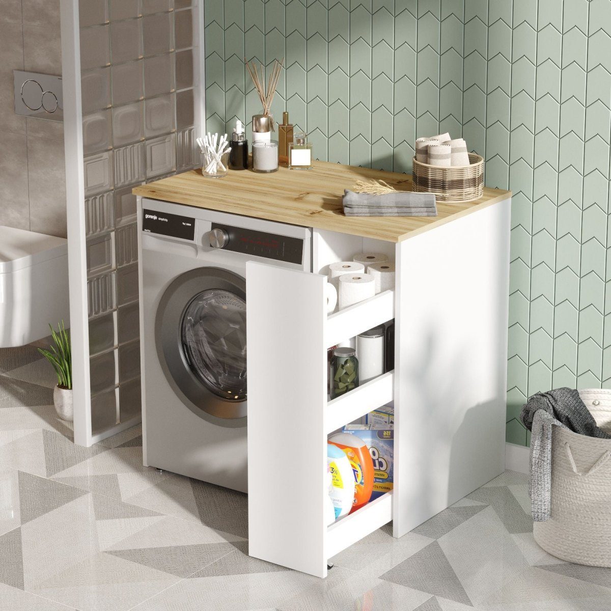 Waschmaschinenschrank Luxusbetten24 mit Designer Stauraum Waschmaschinenumbauschrank Verkleidung Holz Laurito