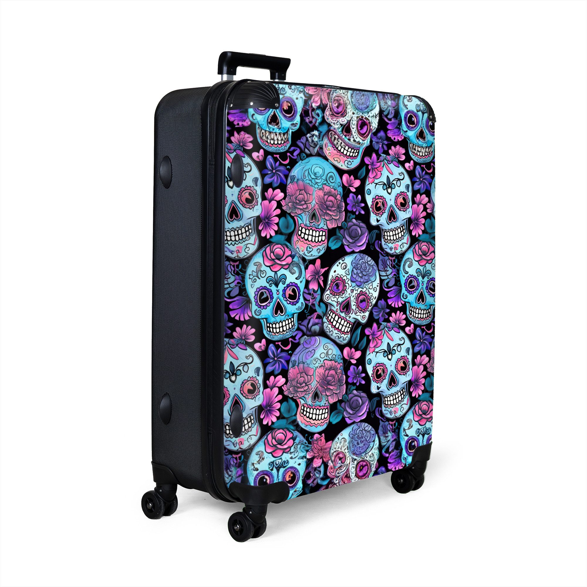 NoBoringSuitcases.com© Hartschalen-Trolley Totenkopf - Rosen - günstig online kaufen