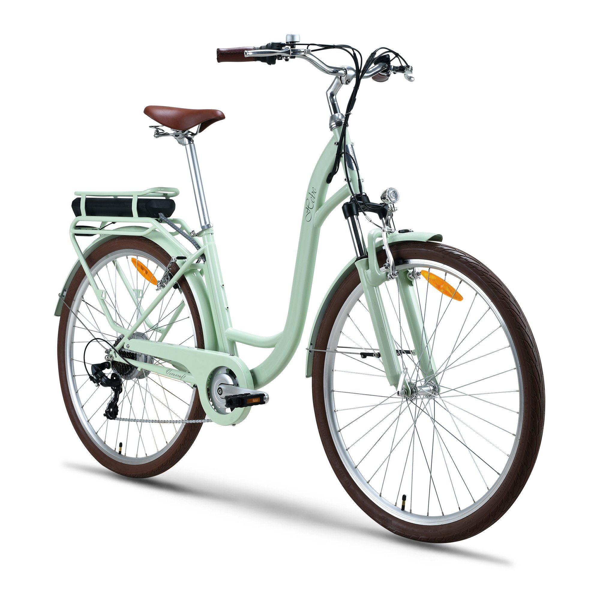 VECOCRAFT E-Bike HEBE, 7 Gang Shimano, Kettenschaltung, Heckmotor, 360 Wh akku Grün Minze Olive