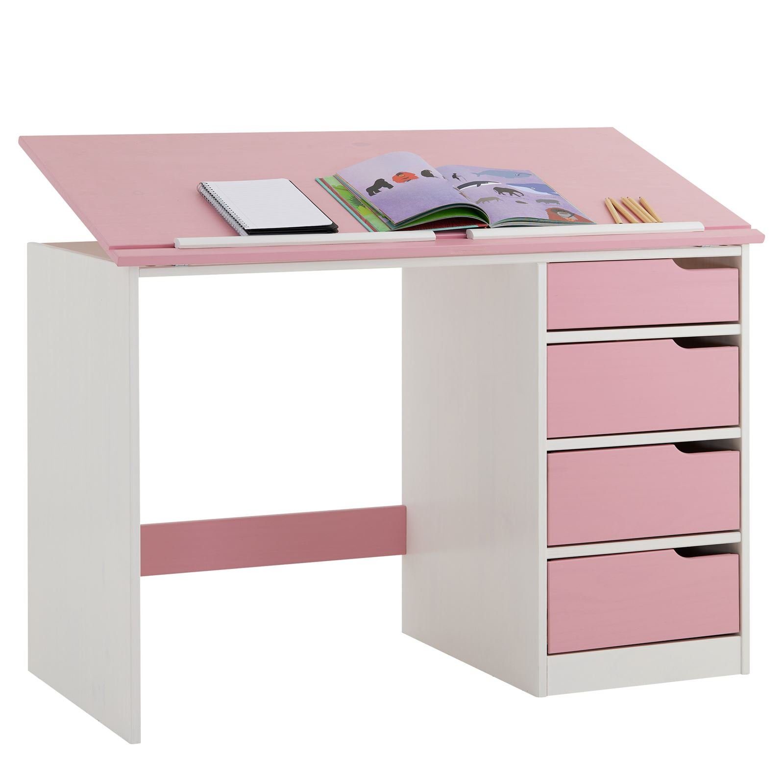 IDIMEX Kinderschreibtisch EMMA, Schreibtisch mit Schubladen, neigbare Tischplatte aus massivholz rosa