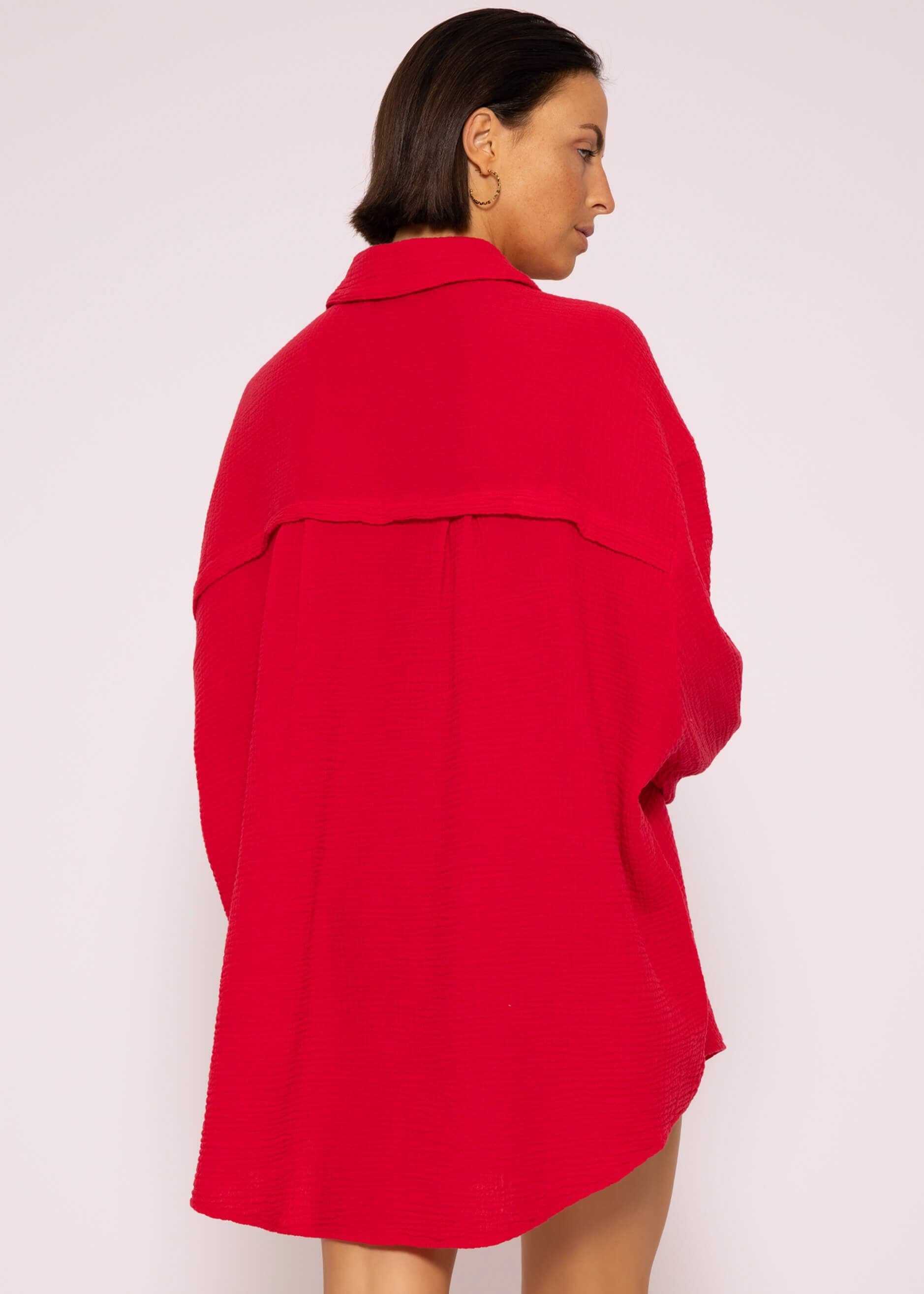 V-Ausschnitt, Damen Hemdbluse aus mit Size Longbluse Baumwolle SASSYCLASSY lang Bluse Musselin Langarm (Gr. Rot Oversize 36-48) One