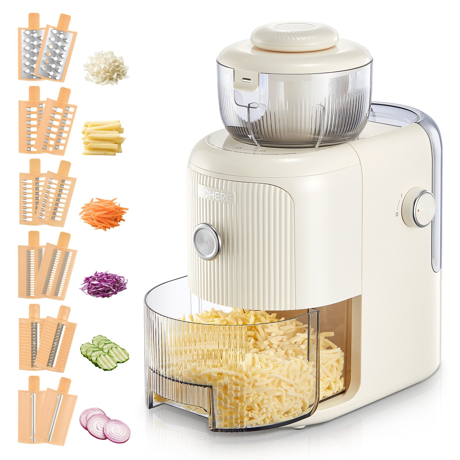 FOHERE Multireibe Elektrische Multifunktionsreibe mit 6 Klingen und 1,8-Liter-Behälter, (1-St), geeignet zum Zerkleinern von Gemüse, Obst und Nüssen. Multireibe