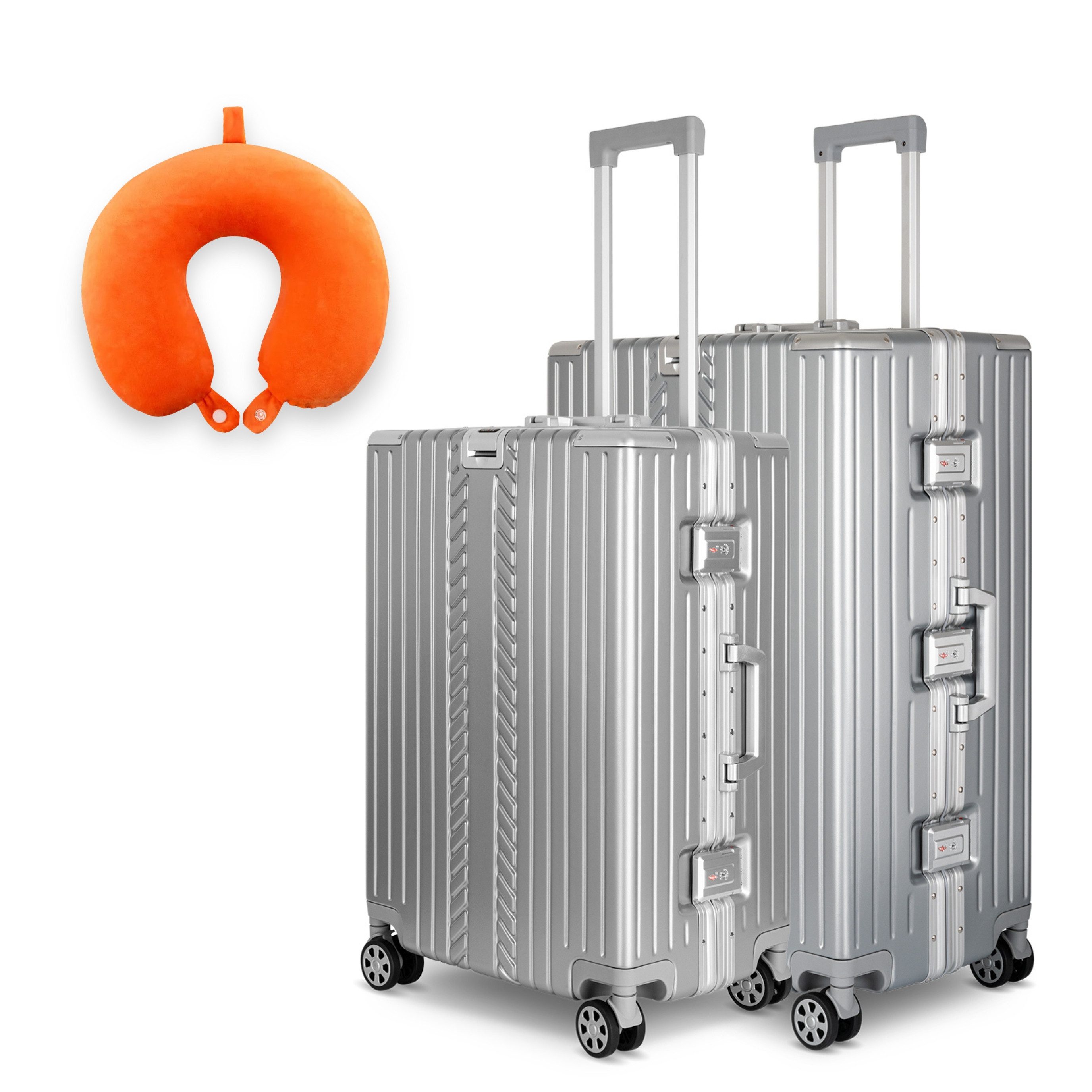 WINLIFE Trolley Hartschalen-Koffer Alu-Rahmen Silber Trolley M, L, XL + Nackenkissen, 4 Doppelrollen Rollen, ABS+PC-Hartschale, TSA-Zahlenschloss, 360°-Doppelrollen