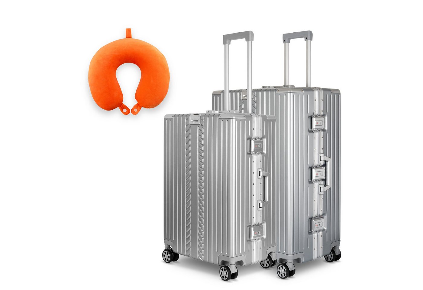 WINLIFE Trolley Hartschalen-Koffer Alu-Rahmen Silber Trolley M, L, XL + Nackenkissen, 4 Doppelrollen Rollen, ABS+PC-Hartschale, TSA-Zahlenschloss, 360°-Doppelrollen