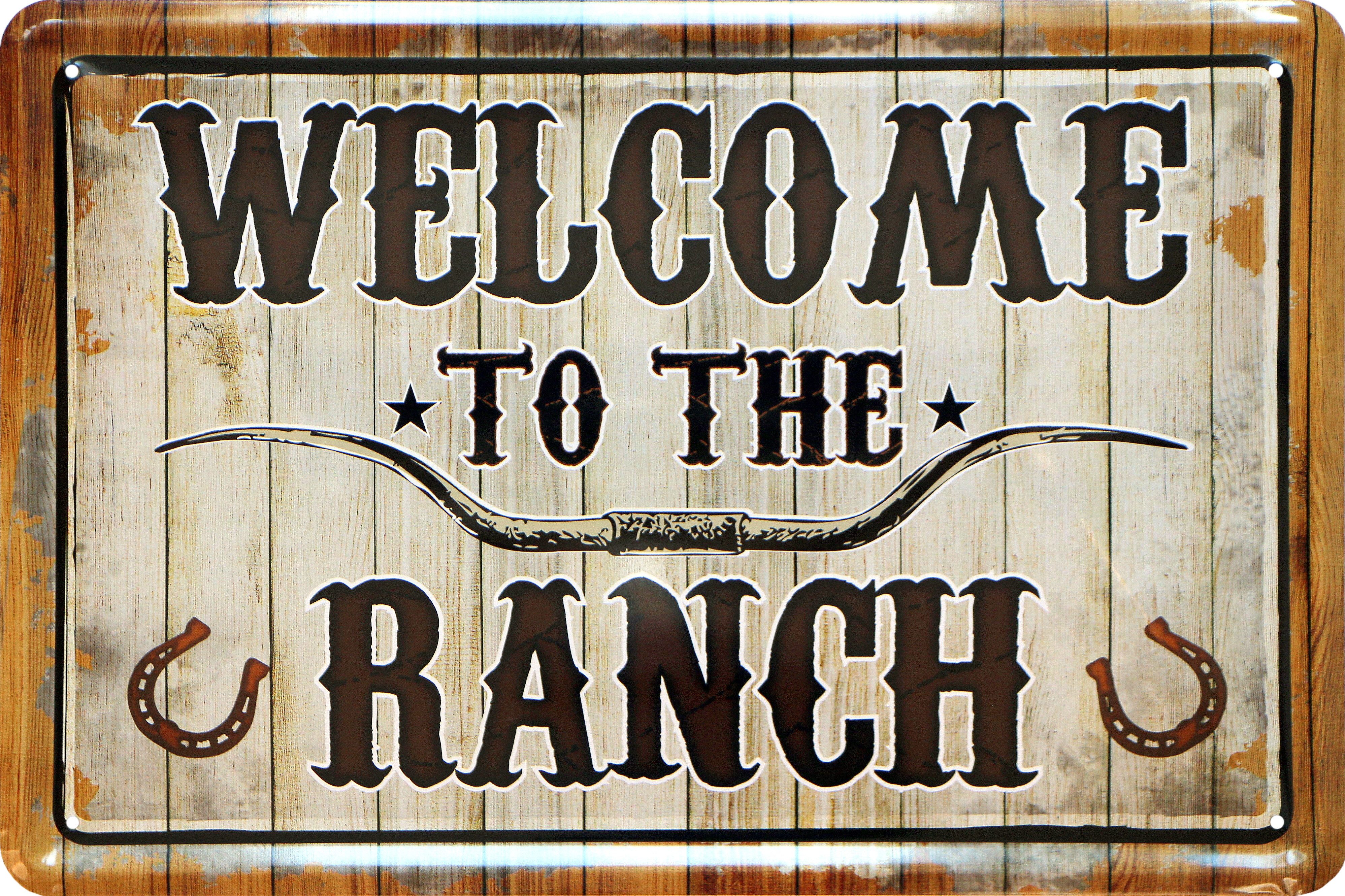 WOGEKA ART Metallbild Welcome to the Ranch - 20 x 30 cm Retro Blechschild, Metallschild Wanddeko Spruch Schild Wandbild Türschild Pferdehof