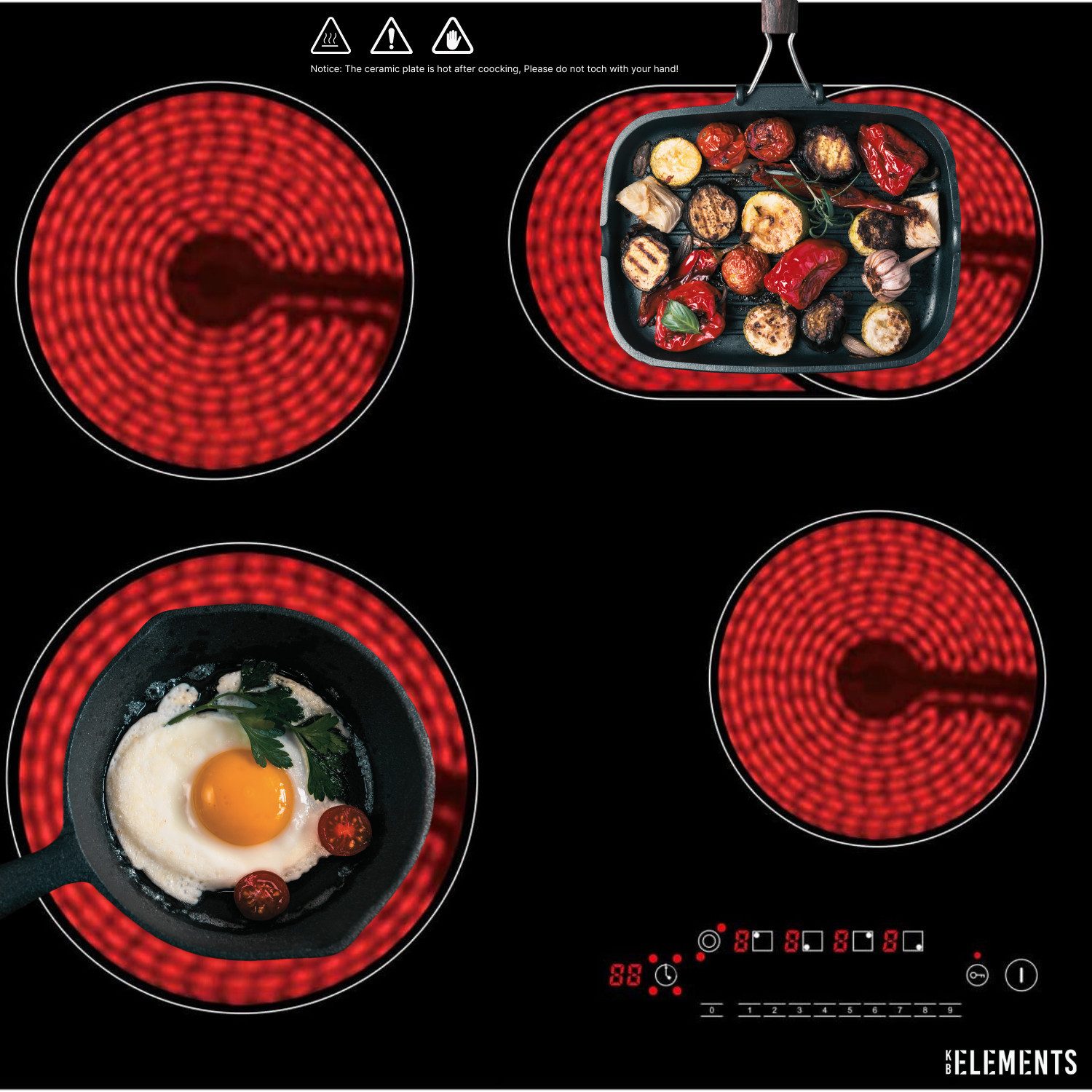 KB Elements Elektro-Kochfeld ELK107PR, 4 Zonen Glaskeramikkochfeld 7200 Watt, Powerboost, Kindersicherung