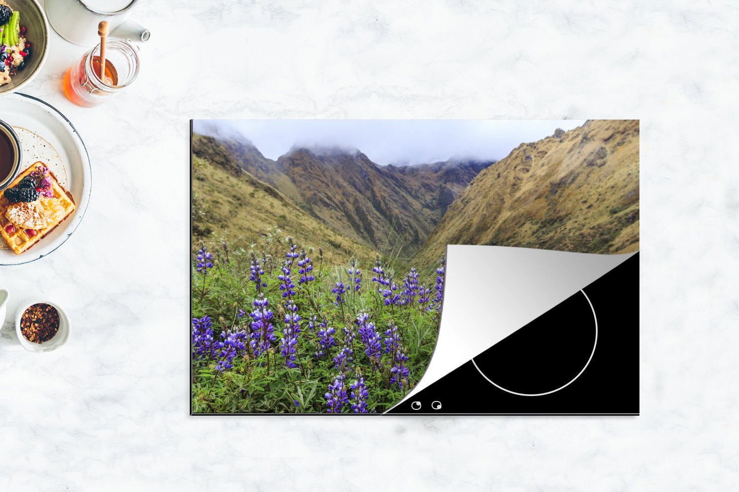 tlg), (1 küche, Ceranfeldabdeckung Schutz Picchu cm, nach Blumen 81x52 Vinyl, Peru, Induktionskochfeld Inka-Bergpfad die Machu MuchoWow lila mit Herdblende-/Abdeckplatte für