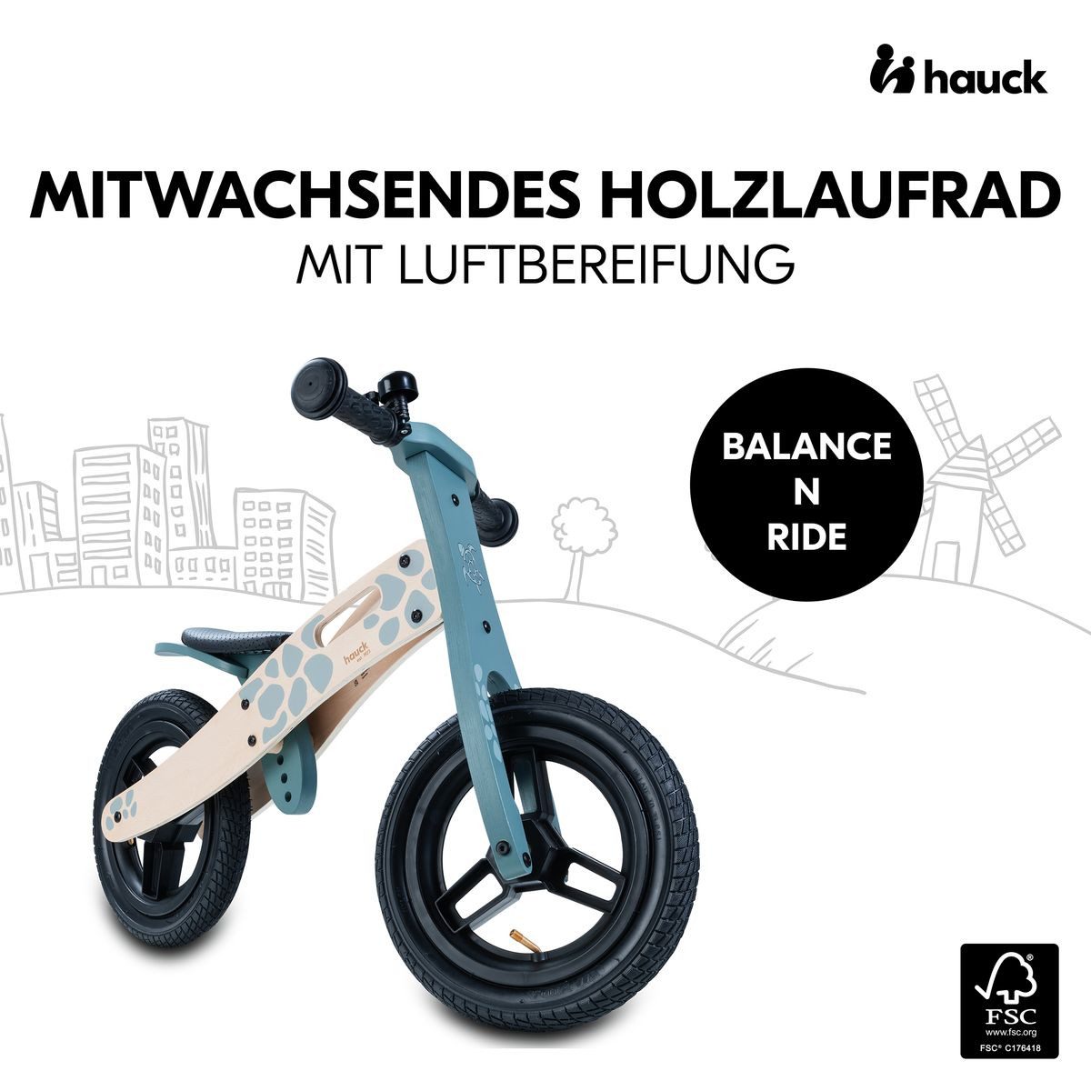 Hauck Laufrad Balance N Ride - Turtle 12 Zoll, Holz Lauflernrad mit Lufträdern & verstellbarem Sitz ab 18 Monate