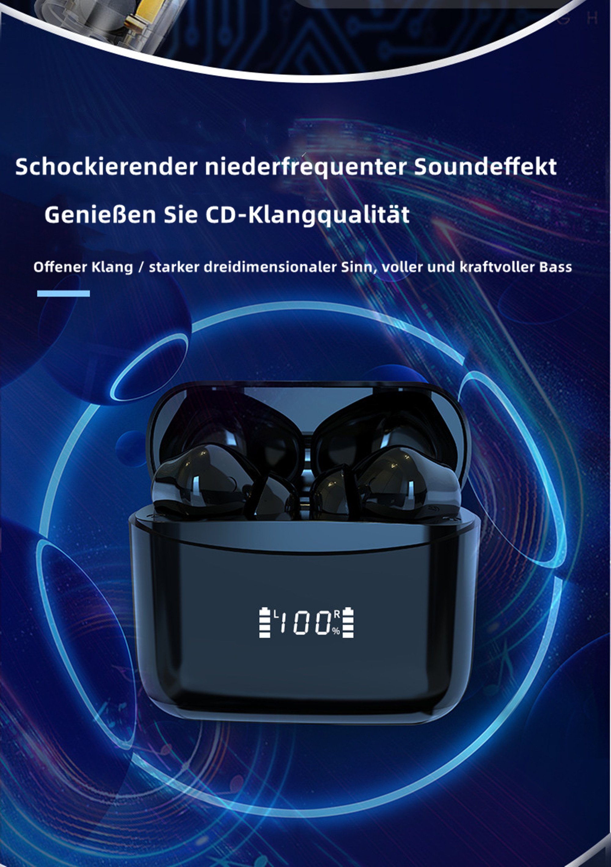 Tisoutec Bluetooth Kopfhörer, Kopfhörer Kabellos Kabellose 5.3 Kopfhörer Bluetooth Wasserdicht (Neue Cancelling, Ear IPX4 In Schwarz Noise Kopfhörer Ohrhörer) In-Ear-Kopfhörer