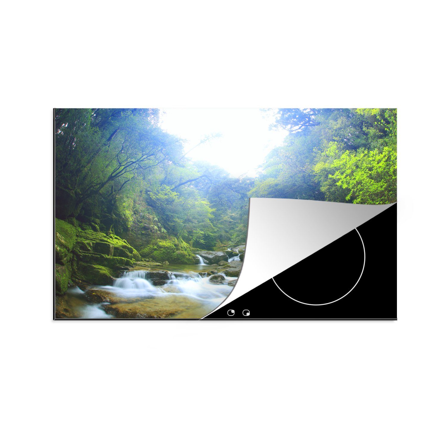 Wald einen tlg), auf Vinyl, für durch der Schutz Fluss MuchoWow Insel Yakushima, cm, 81x52 Induktionskochfeld die (1 küche, japanischen Ceranfeldabdeckung Herdblende-/Abdeckplatte