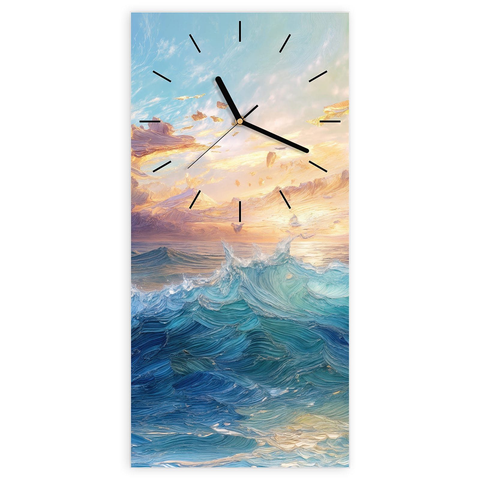 Wanduhr Glasuhr Wandkunst Größe 30 x 60 cm mit Motiv Wellen und Himmel