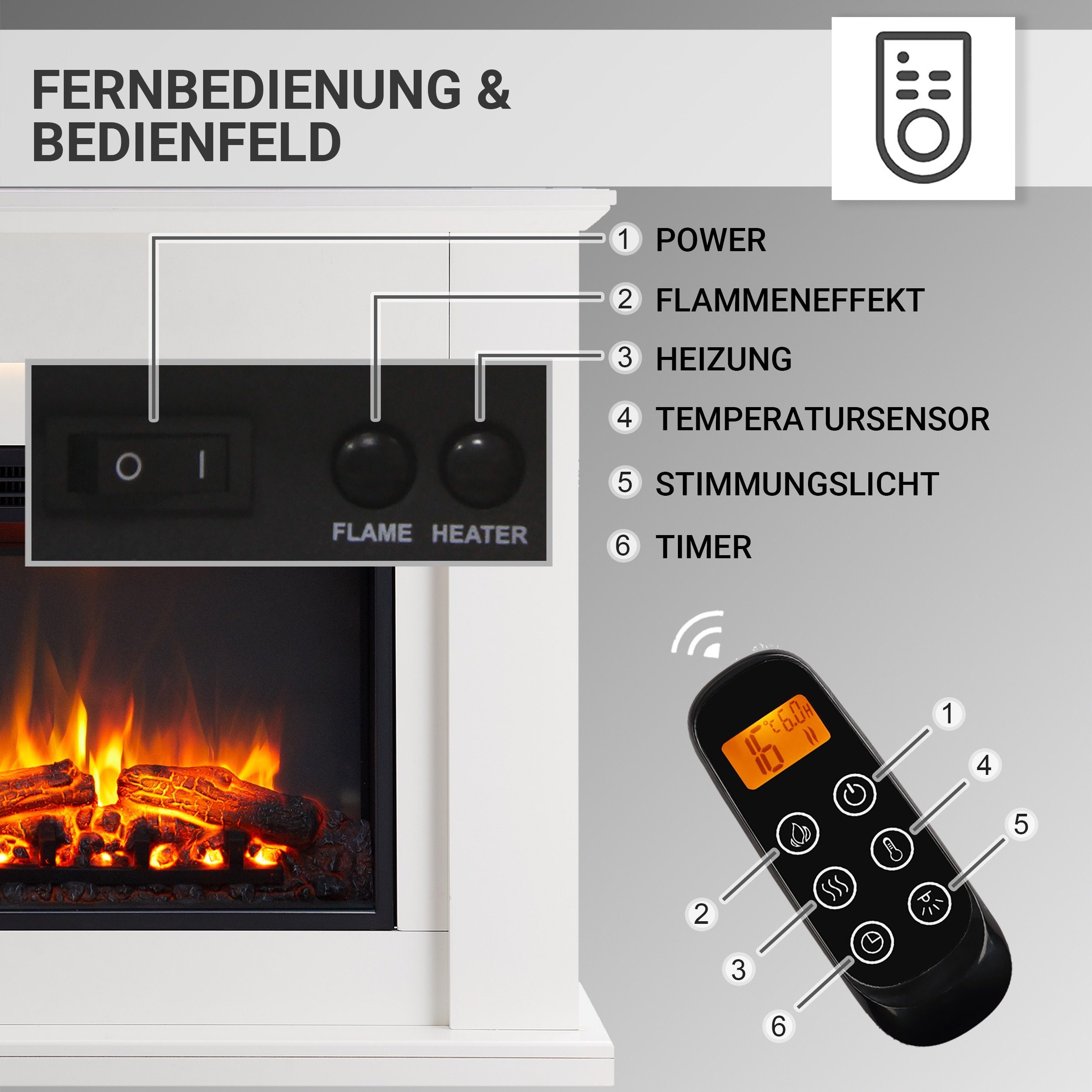 mit Heizung, Hektor, Fernbedienung 3D-Flammeneffekt LED-Beleuchtung, CrownFlame Heizung & Weiß Standkamin Elektrokamin 2000W,