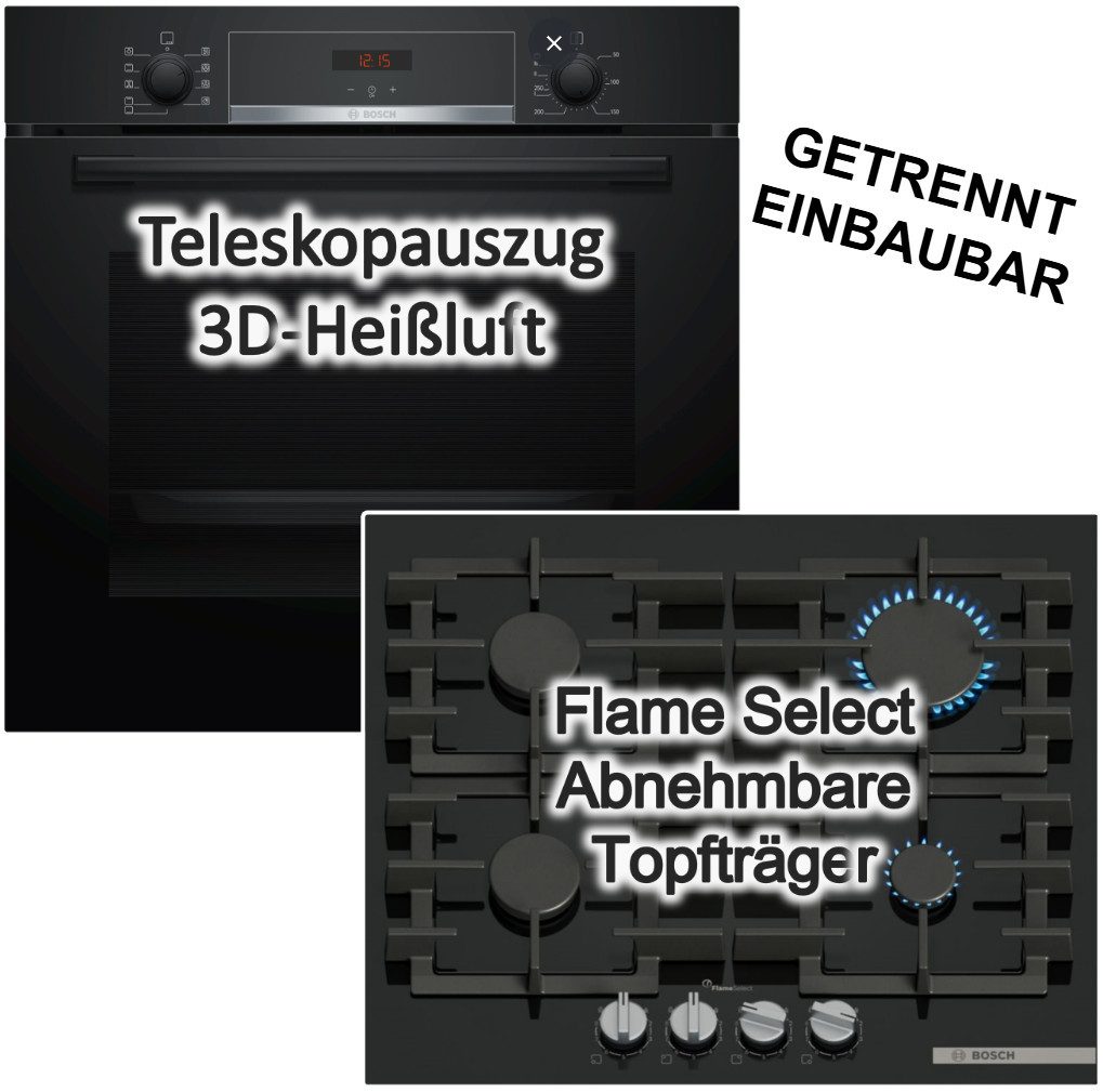 BOSCH Backofen-Set 71L Gas Kochfeld 60cm schwarz 3D Heißluft Hydrolyse Flame Select, mit 1-fach Teilauszug, Hydrolyse EcoClean Direct