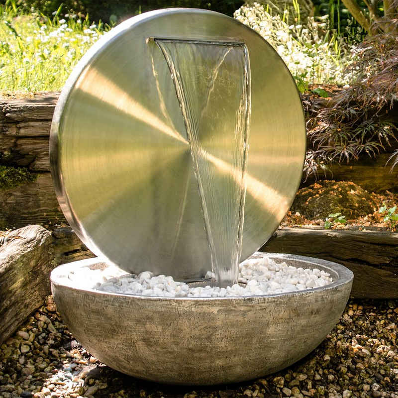 Köhko Gartenbrunnen Ø 55 CM mit LED „Bocca“ aus matt gebürsteten Edelstahl mit Becken
