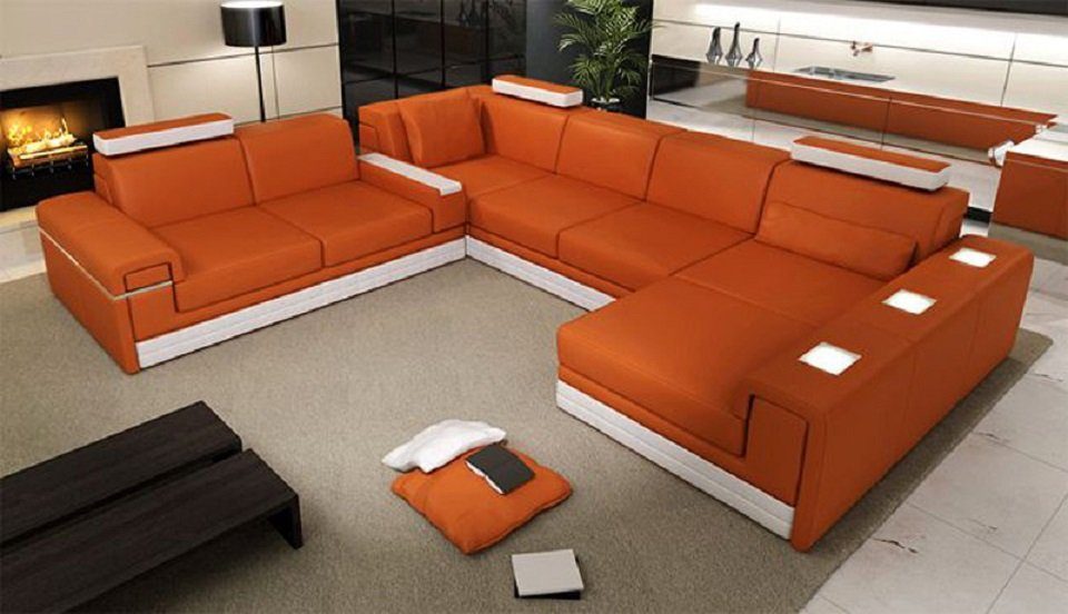 JVmoebel Ecksofa Sofa Couch Ledersofa Beleuchtung Modern Orange/Weiß Sofa U-Form Sofa Eck Design Ecksofa Beleuchtet, mit Weißes