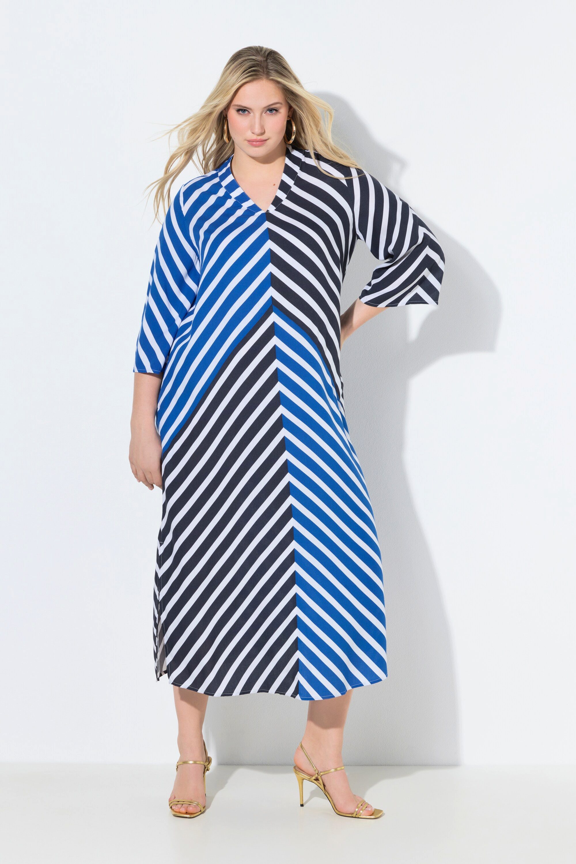 Ulla Popken Maxikleid Maxi-Tunikakleid Streifen Kelchkragen