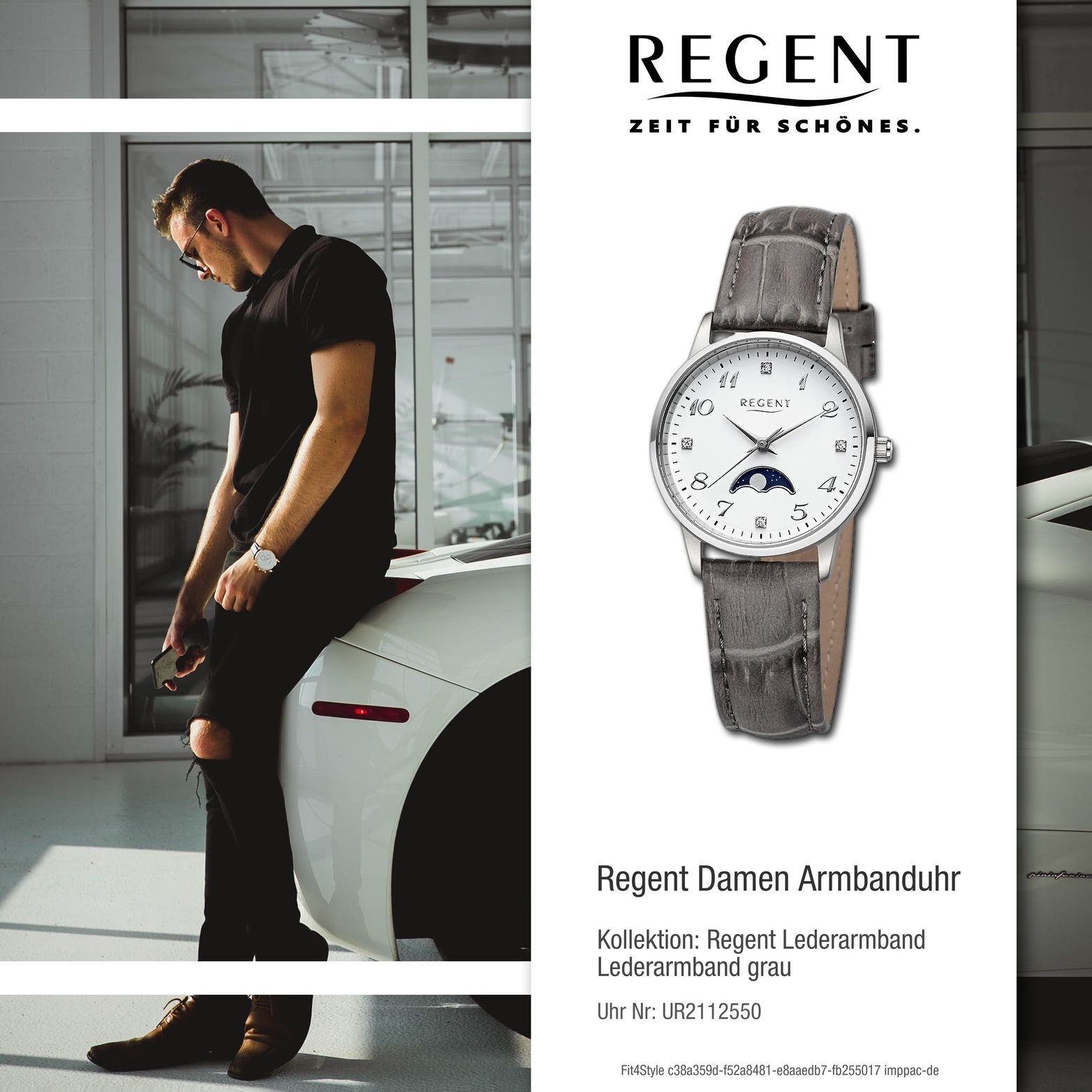 Regent Quarzuhr Regent Damen Armbanduhr extra 31,5mm) Damenuhr Analog, rundes groß Gehäuse, (ca. grau, Lederarmband
